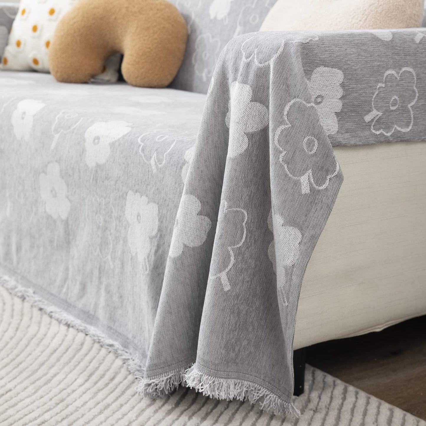 Grey Floral Chenille Sofa Throw | Thick & Soft for 1/2/3 Seater