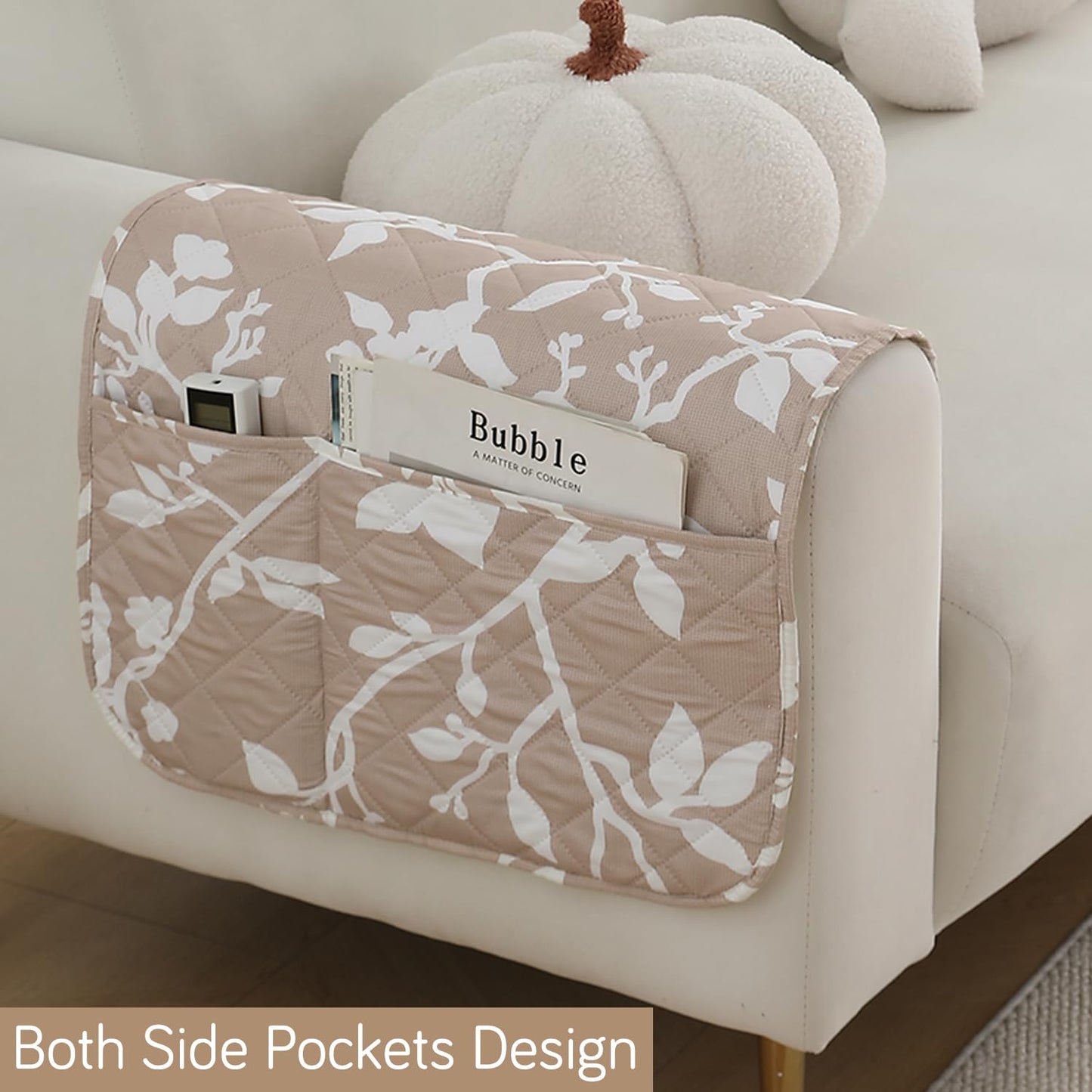 Water Repellent & Waterproof Sofa Armrest Covers with Pockets (Set of 2) - Buff Brown Sillehoute Floral
