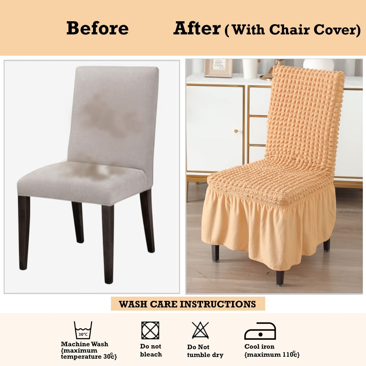 Elastic Stretchable 280 GSM Bubble Dining Chair Cover with Frill, Light Brown