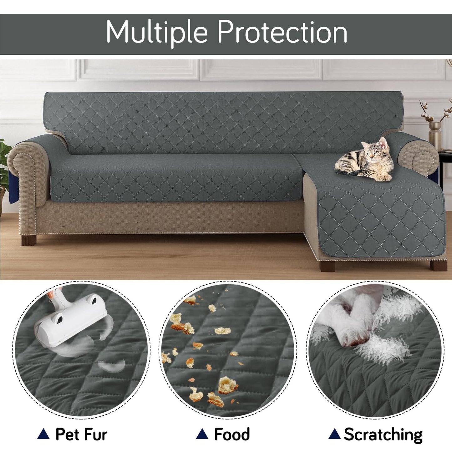 HOKIPO Quilted Reversible One Piece L Shape 4/5/6 Seater Sofa Cover Mat, Dark Grey