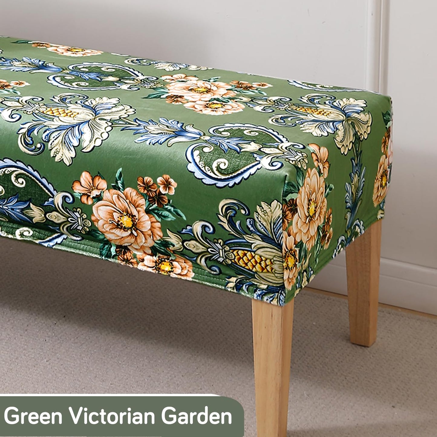 Premium Printed Velvet Elastic Dining Bench Cover, Green Victorian Garden