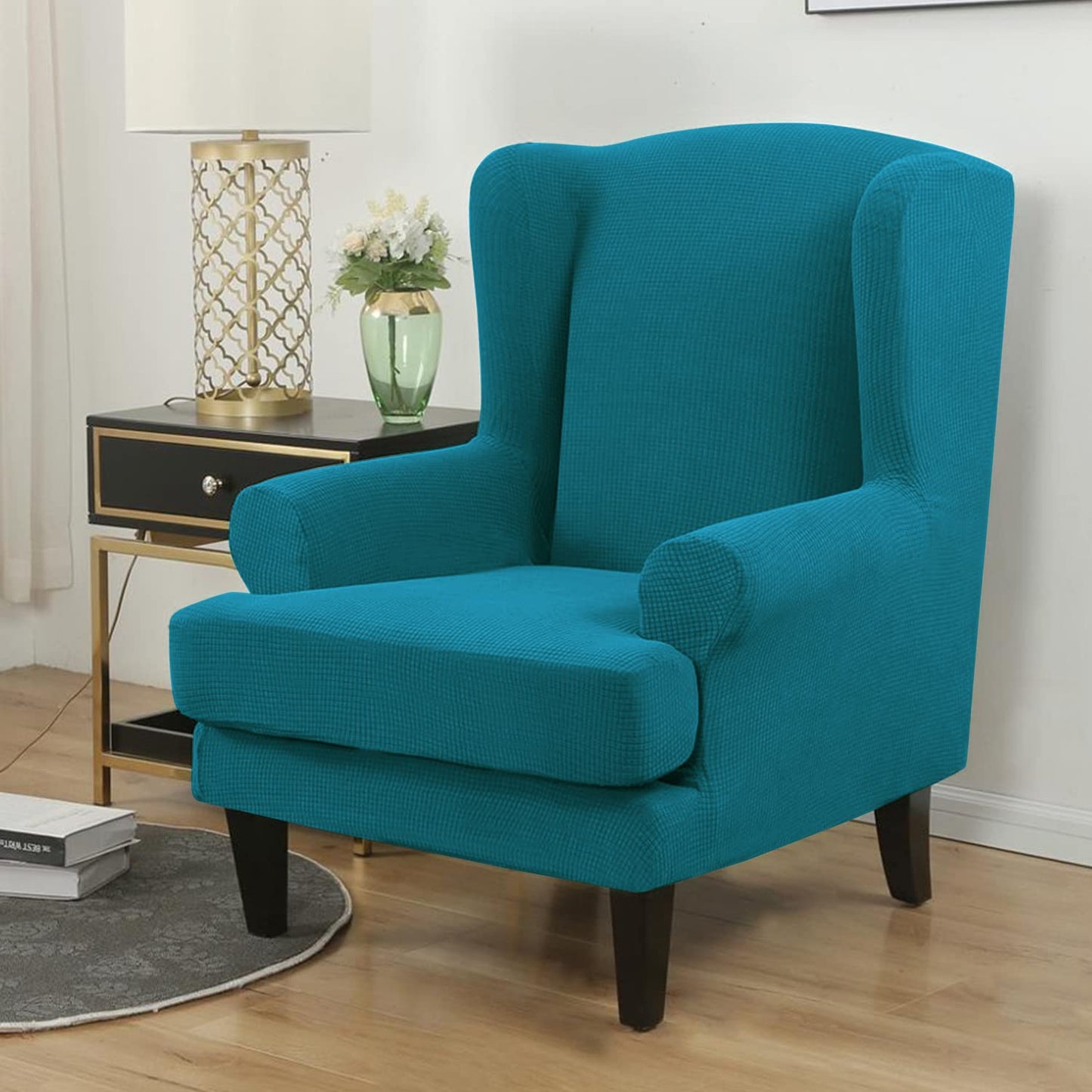 Stylish Teal Jacquard Elastic Chair Covers for Wingback Chairs