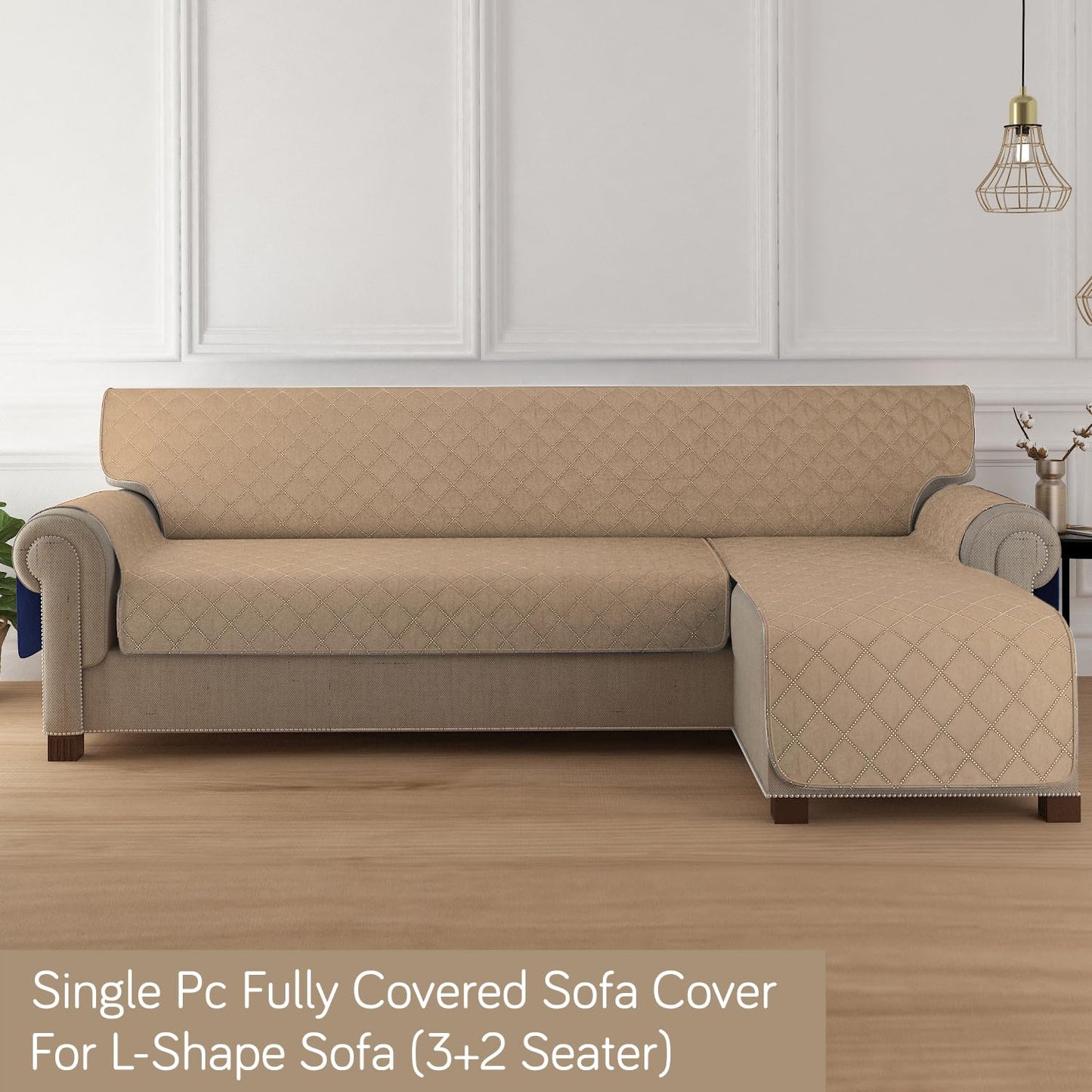 HOKIPO Quilted Reversible One Piece L Shape 4/5/6 Seater Sofa Cover Mat, Camel