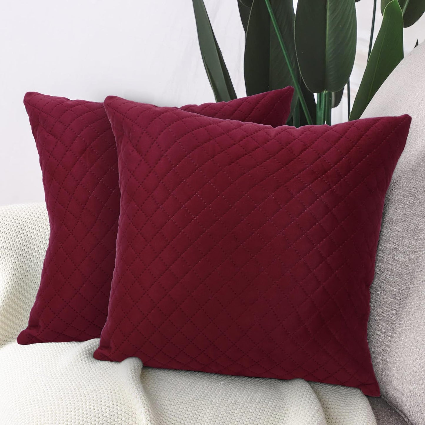 Buy Sangria Red Colour Quilted Velvet Pillow Covers in set of 2