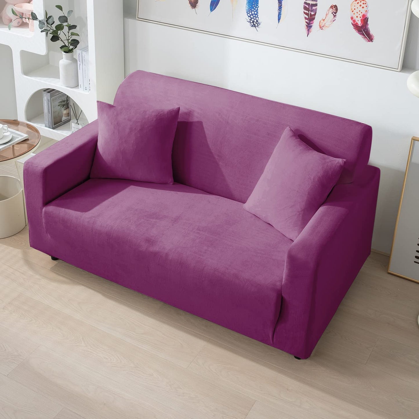 beautiful 2 seater Purple elastic stretchable velvet sofa cover