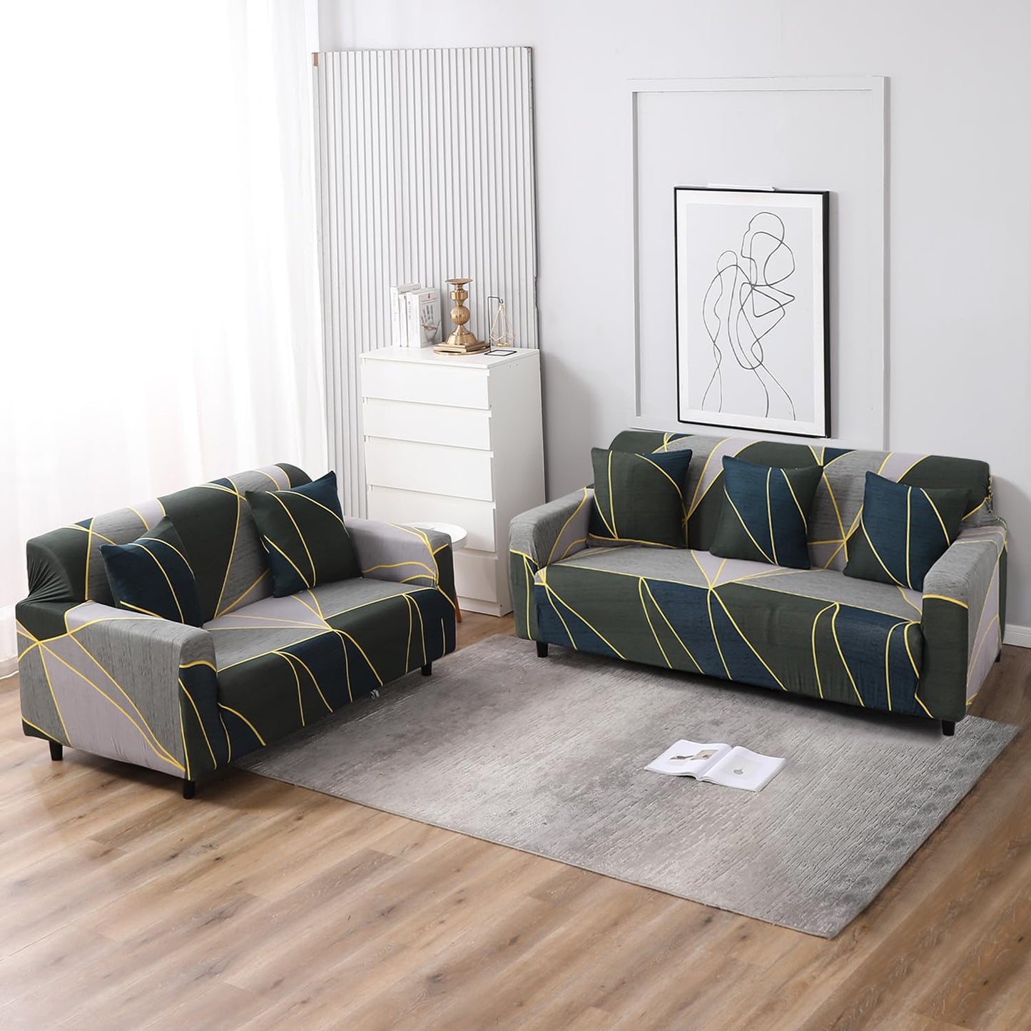 Elastic Stretchable Printed Sofa Cover, Seaweed Geometric Abstract