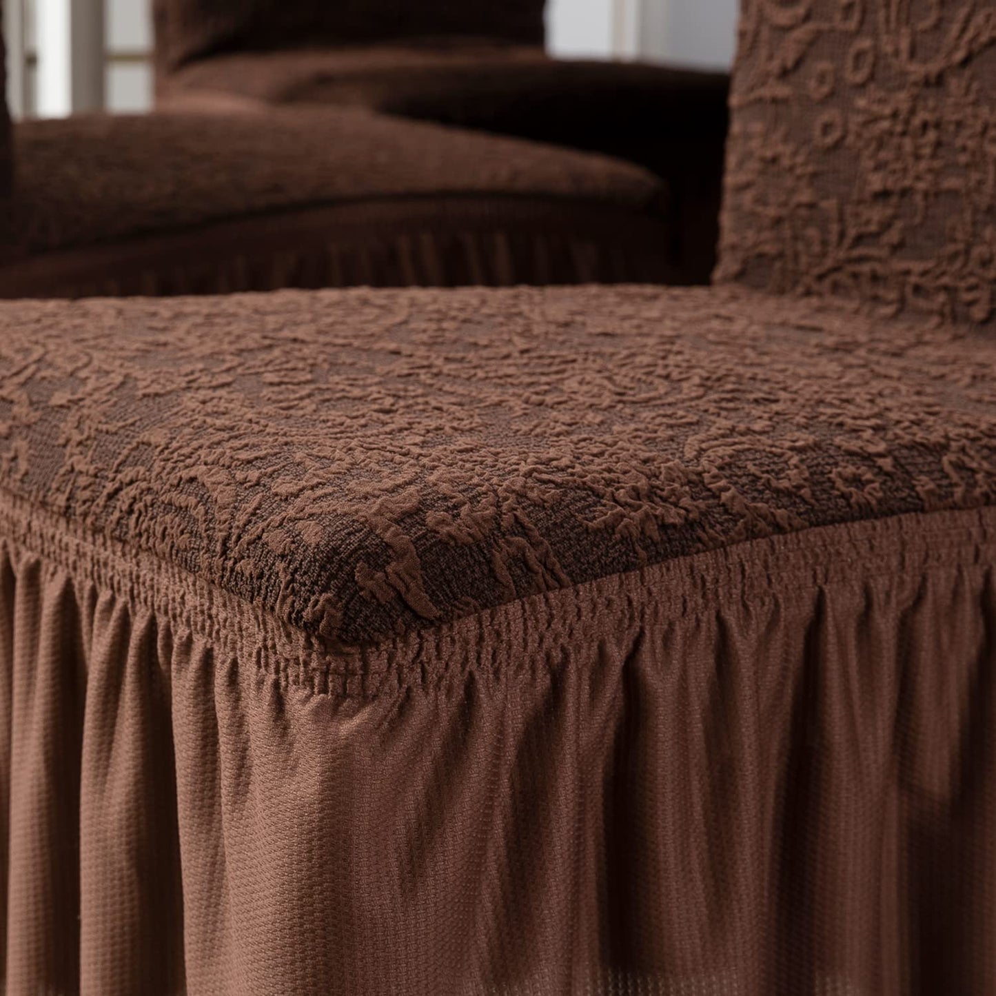 Elastic Stretchable Designer Woven Jacquard Dining Chair Cover with Frill, Pecan Brown