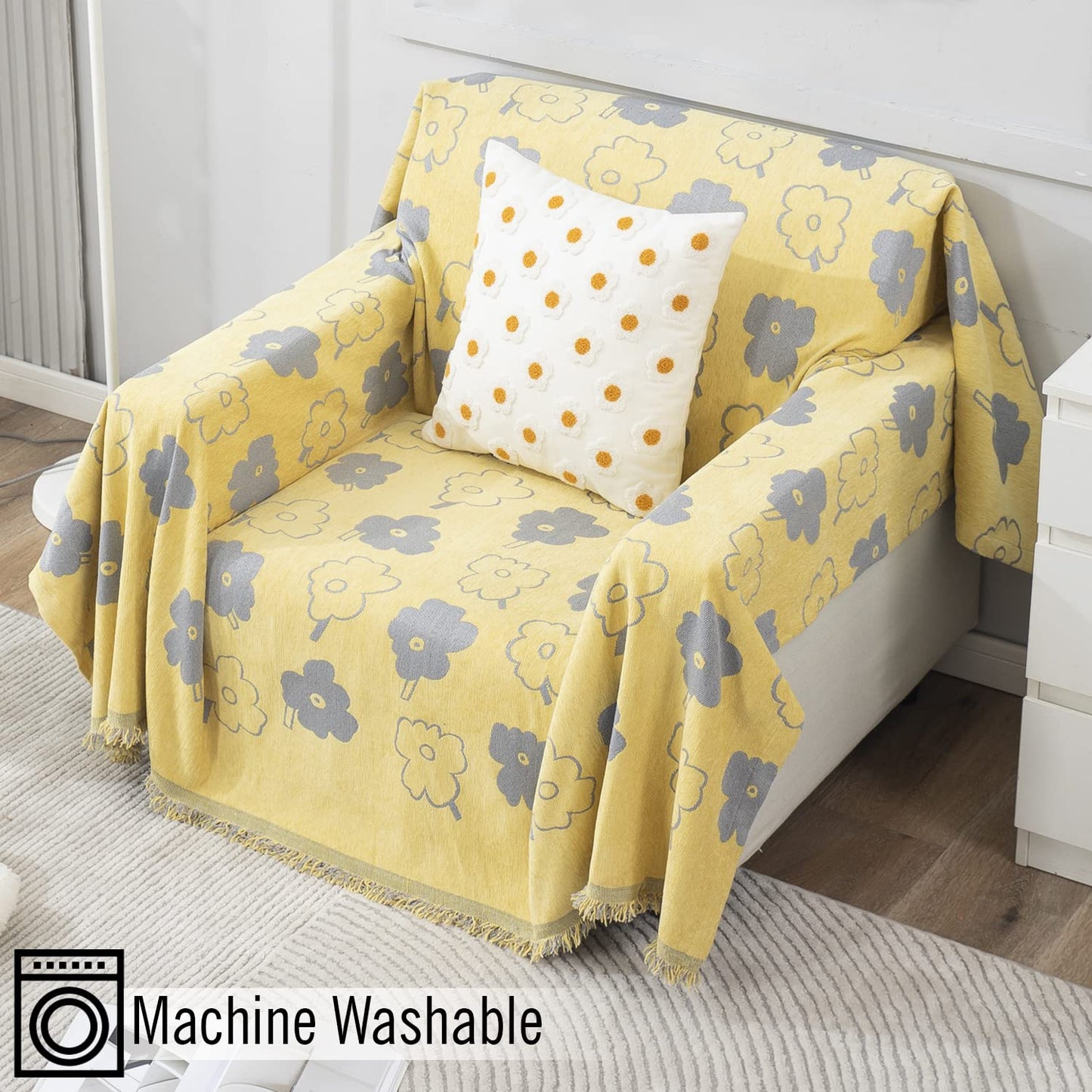 Thick, Soft and Pet Friendly Chenille Sofa Cover Throw, Yellow Floral