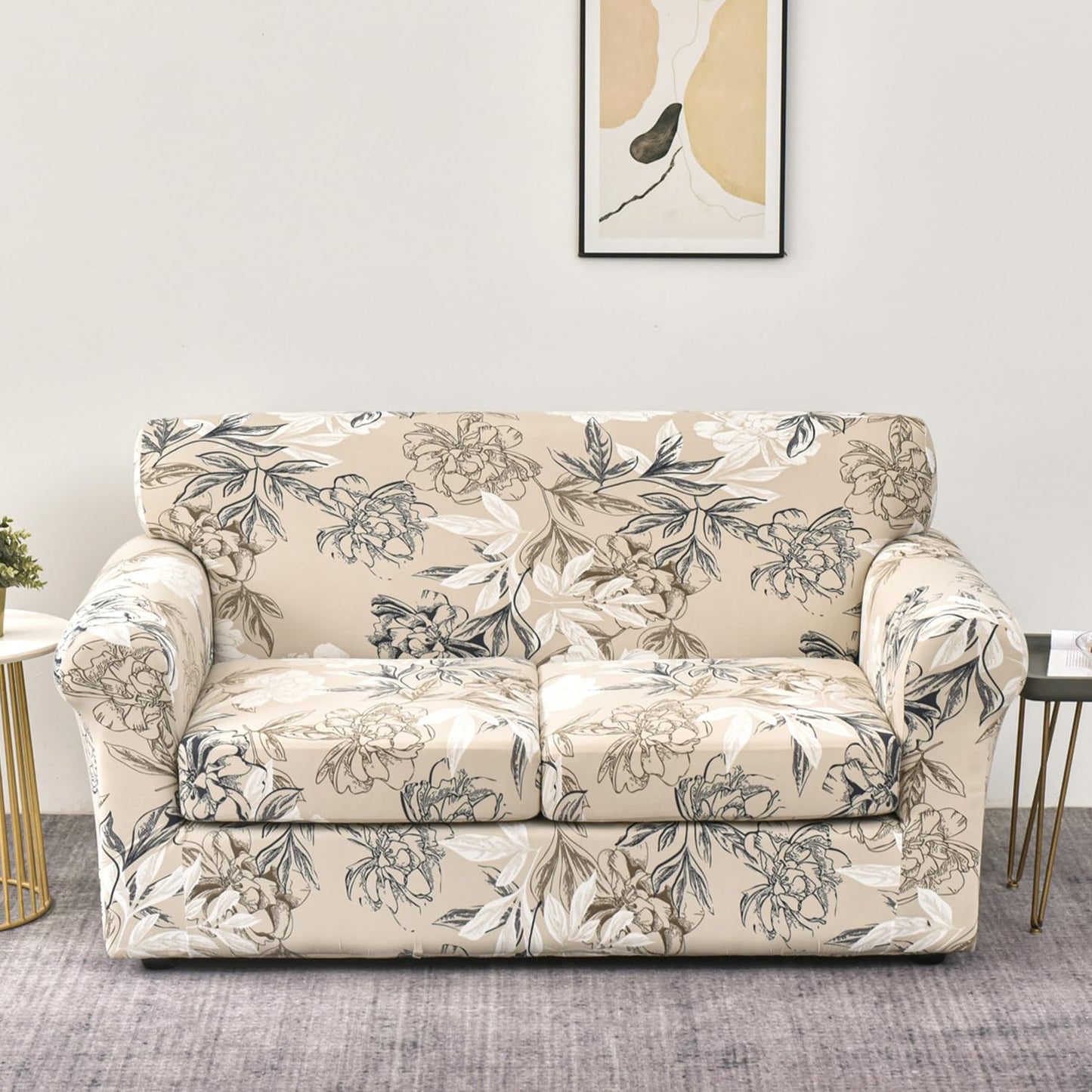 Printed Stretchable Sofa Slipcover with 1/2/3 Pc Separate Seat Cushion Cover for each 1/2/3 Seater, Beige Vintage Peony