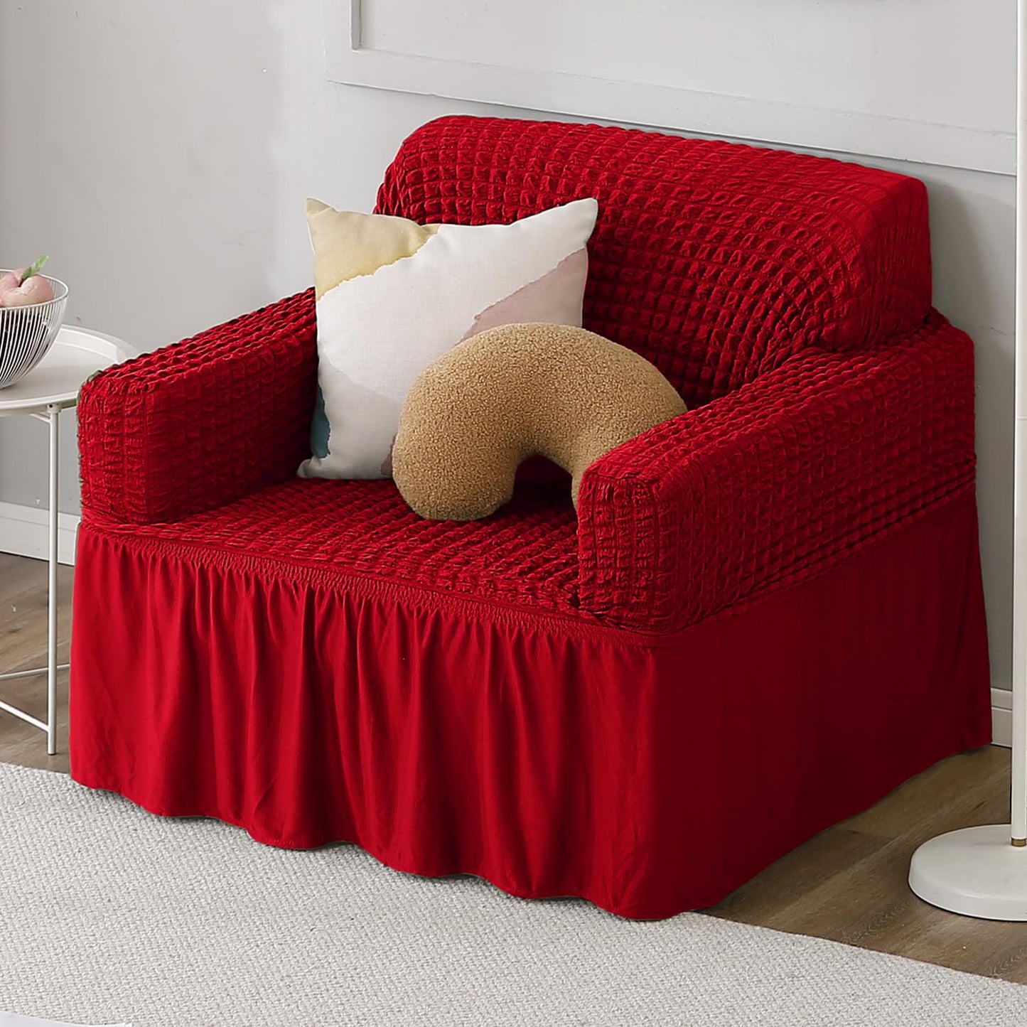 Scarlet Red Stretchable Turkish Bubble Frill 1 seater sofa cover