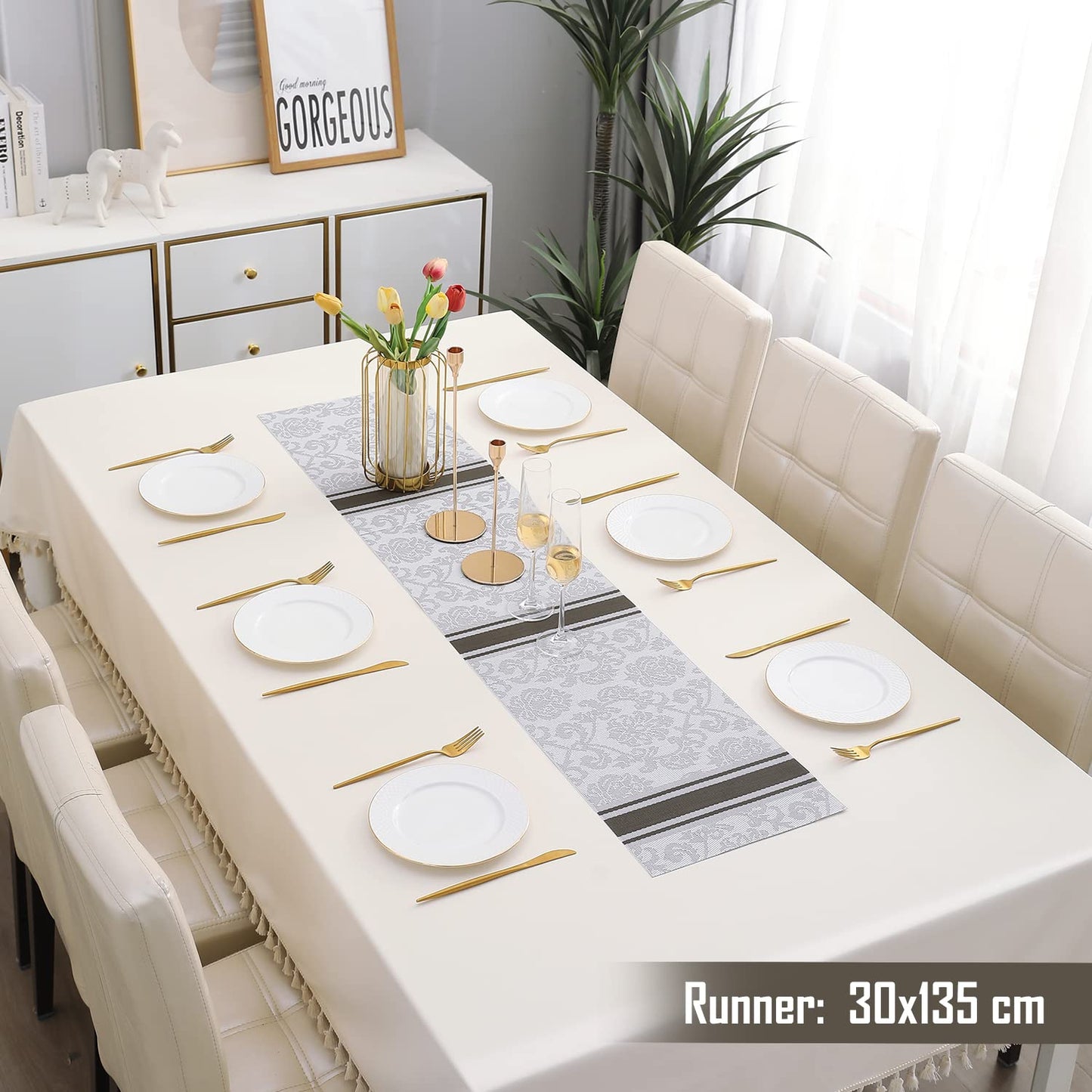 PVC Table Runner Dinner and Coffee Table, 30x135 cm, Damask Grey