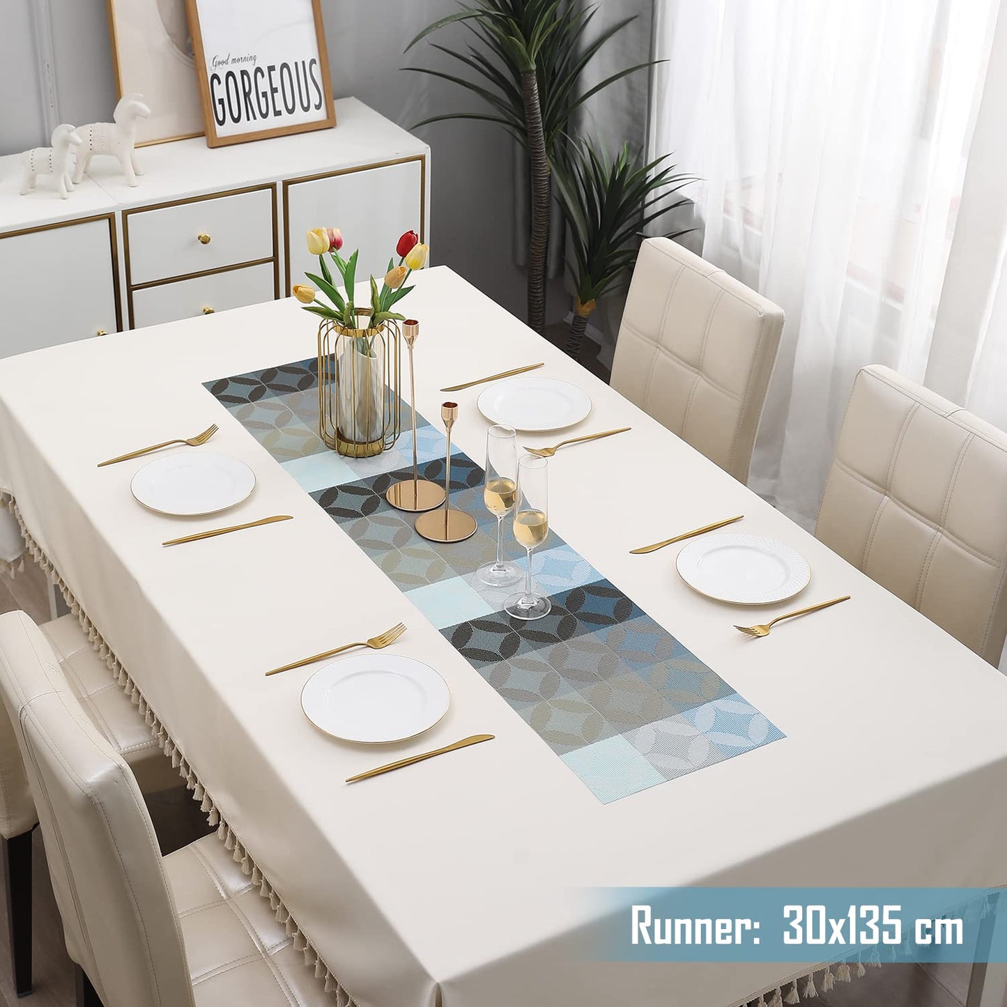 PVC Table Runner Dinner and Coffee Table, 30x135 cm, Geometric Blue