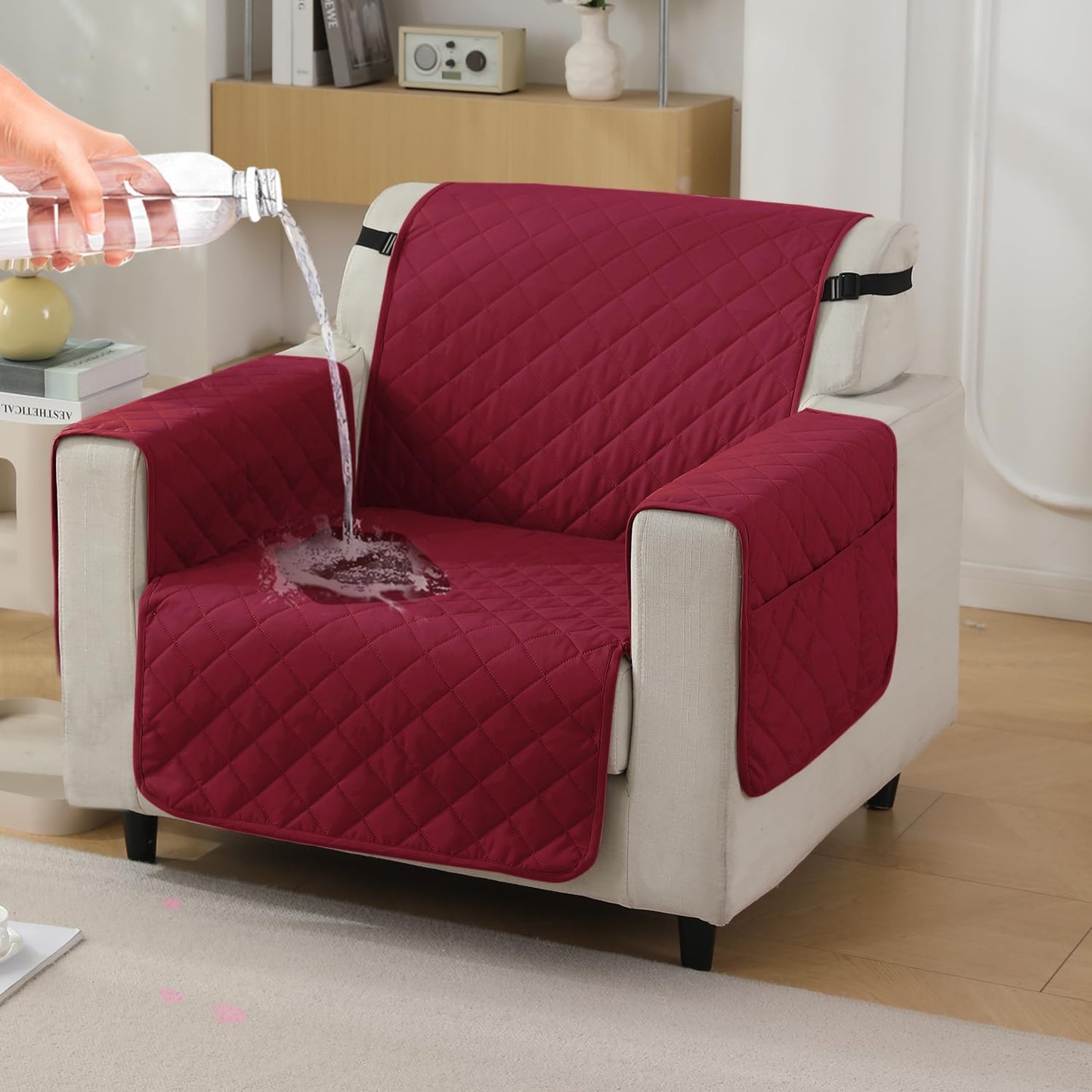 Quilted Waterproof Sofa Cover Mat with Pockets on Armrest Cover - Maroon