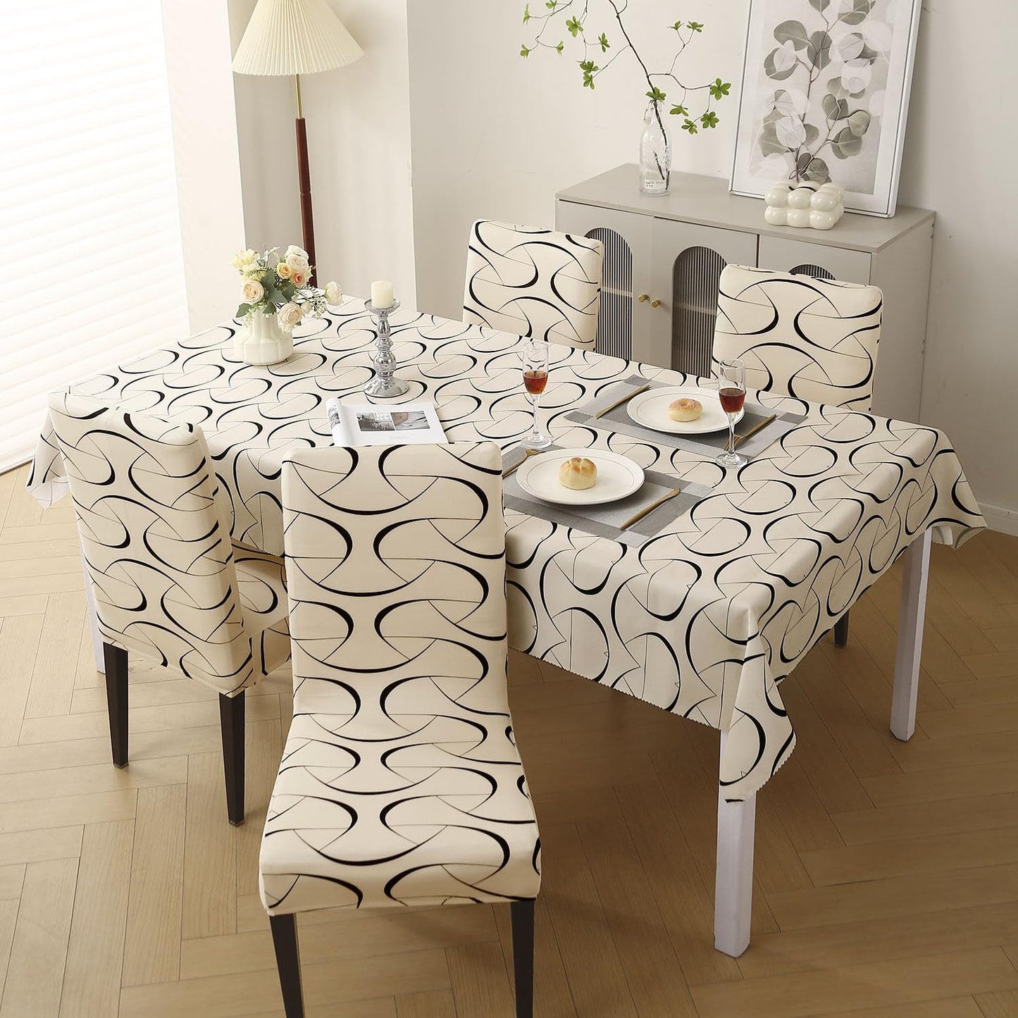Elastic Dining Chair Covers with Matching Tablecloth, Natural Beige Abstract Art