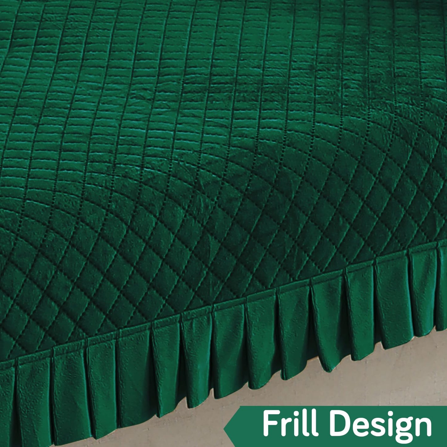 Holland Velvet Sofa Cover Seat Mat with Frill for 1/2/3 - Seater, Bottle Green