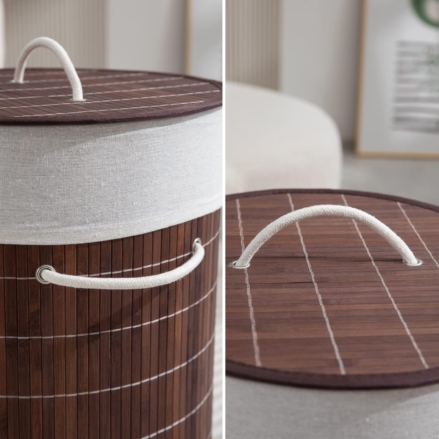 Eco-Friendly Foldable Bamboo Laundry Basket Hamper with Lid, Large - 57 Liter, Coffee Brown