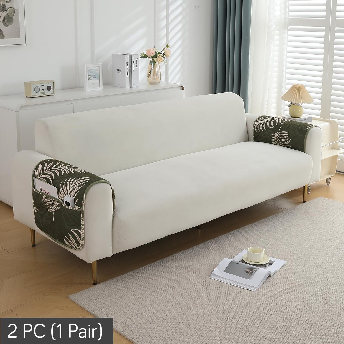 Quilted, Waterproof and Anti-Slip Sofa Cover Mat, Palm Leaves Olive