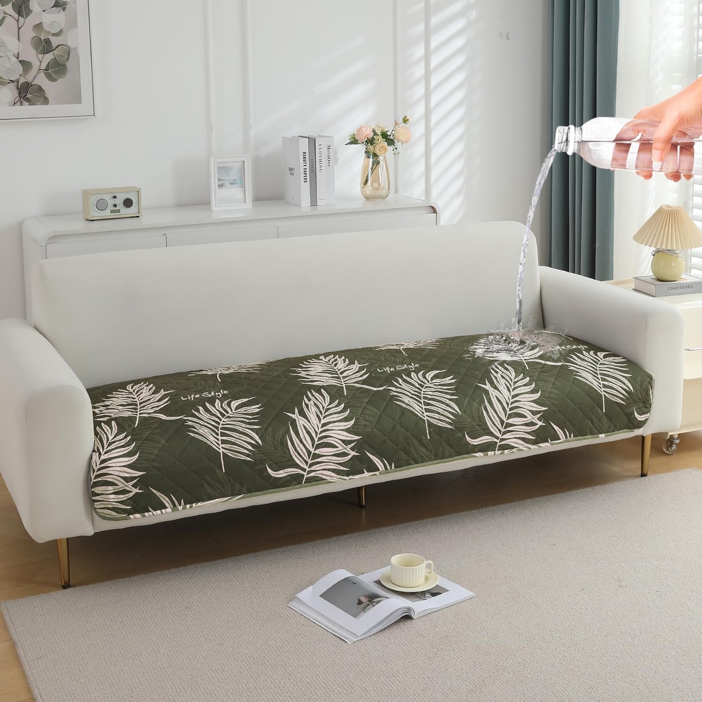 Quilted, Waterproof and Anti-Slip Sofa Cover Mat, Palm Leaves Olive