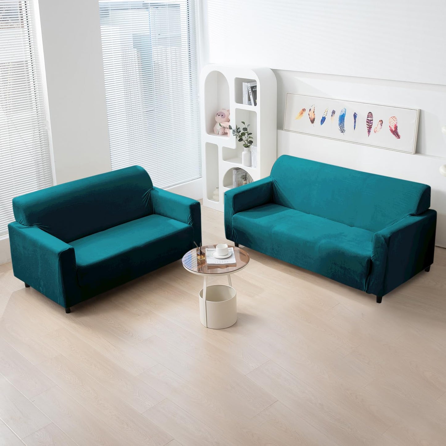 Turquoise premium elastic velvet sofa cover for 3+2 seater sofa set