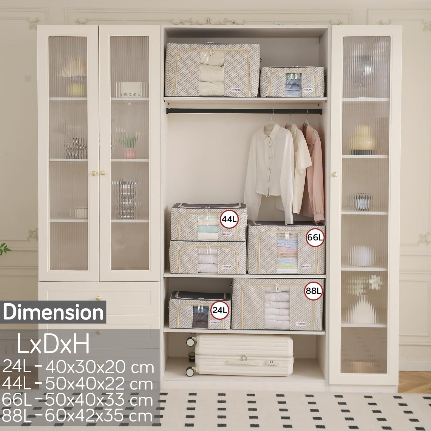 Wardrobe Organizer Storage Box | Foldable Cloth Storage Boxes with Metal Frame & Window | 600D Oxford Fabric, Cream Mist