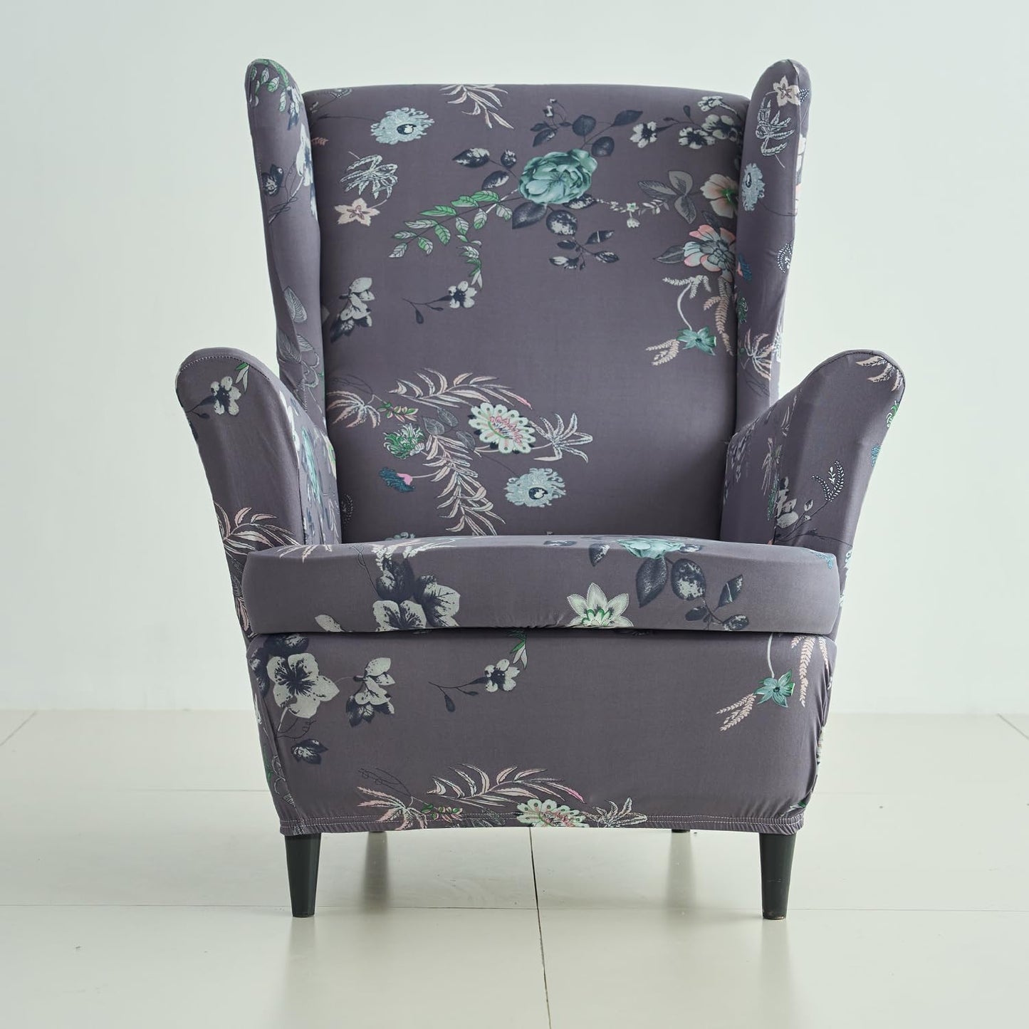 Stretchable 140 GSM Wing Chair Cover, Bentonite Grey Budding Florals