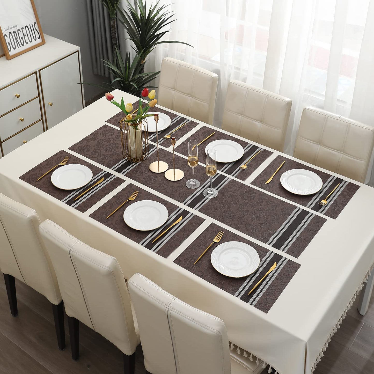 PVC Dining Table Mats, Damask Brown