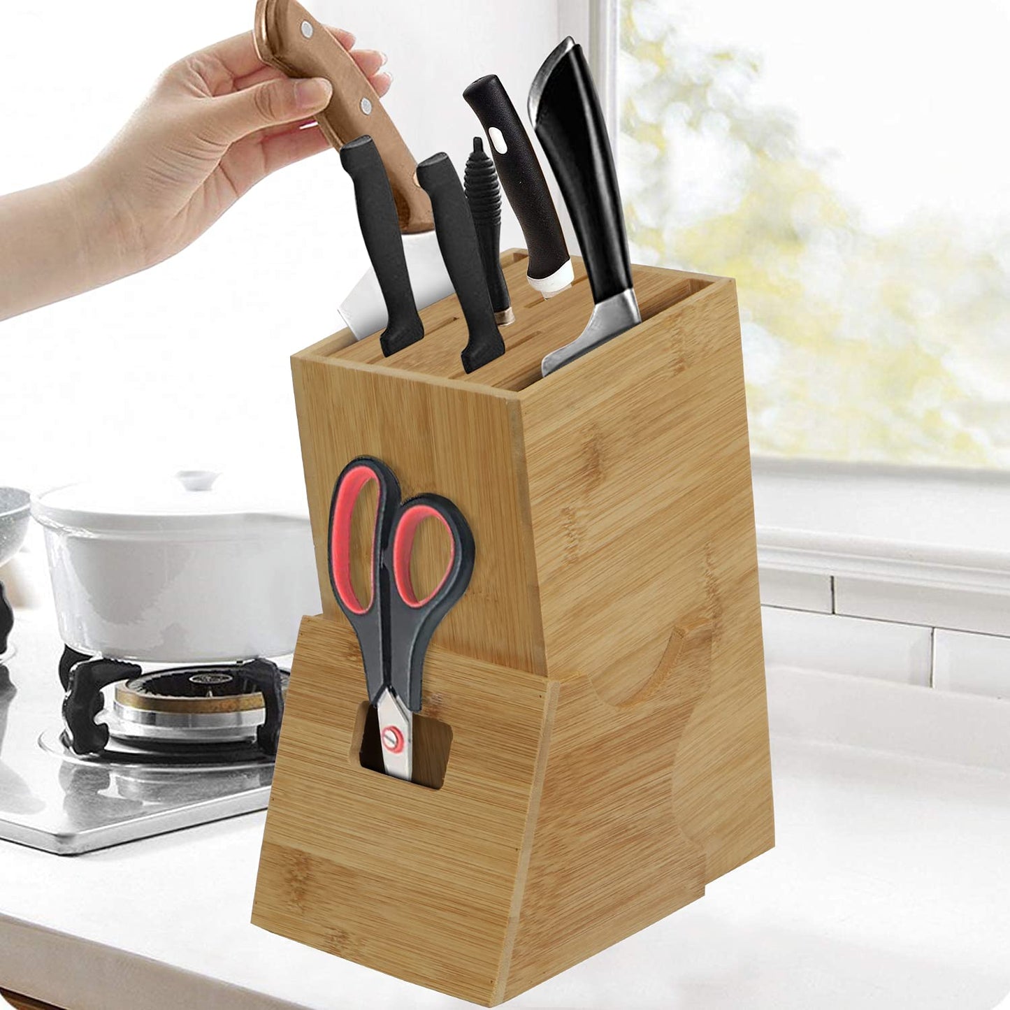 Wooden Knife Holder for Kitchen, Knives Holder Stand with 5 Slots.
