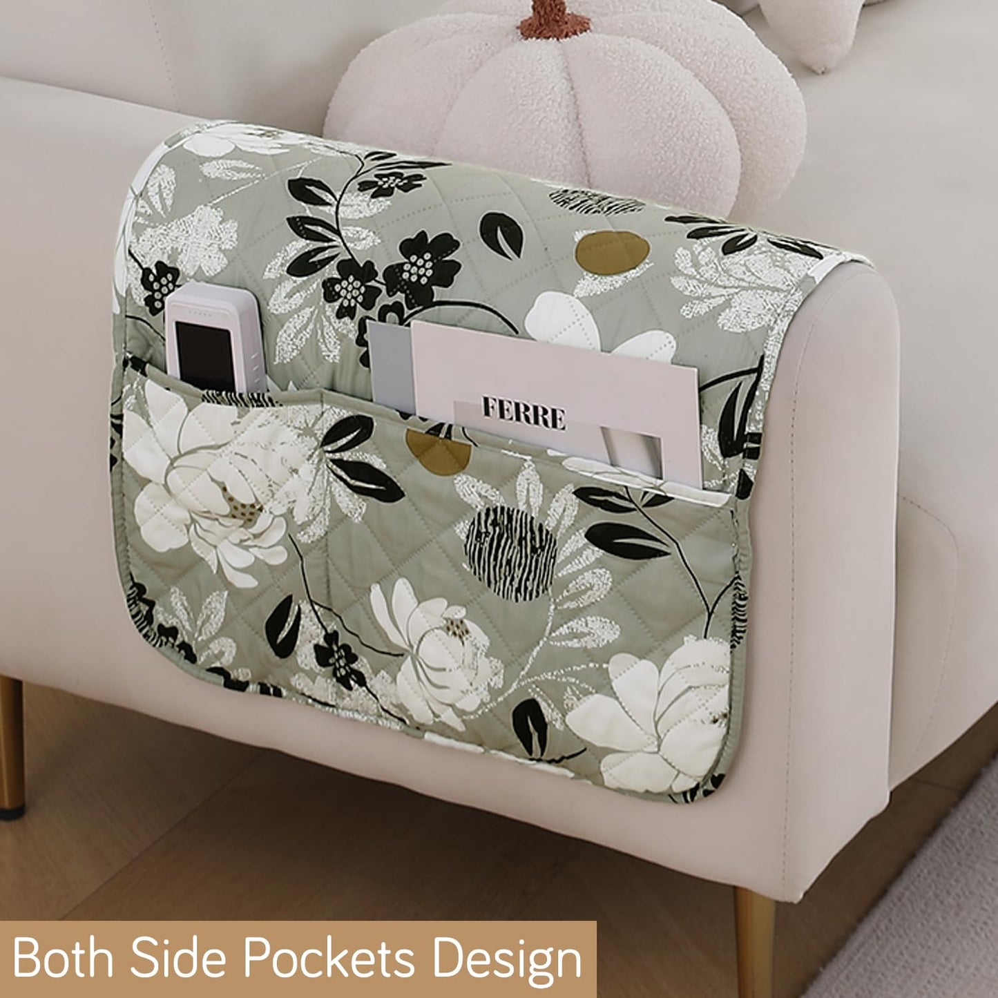 HOKIPO Water Repellent & Waterproof Sofa Armrest Covers with Pockets (Set of 2) - Feather Brown Floral
