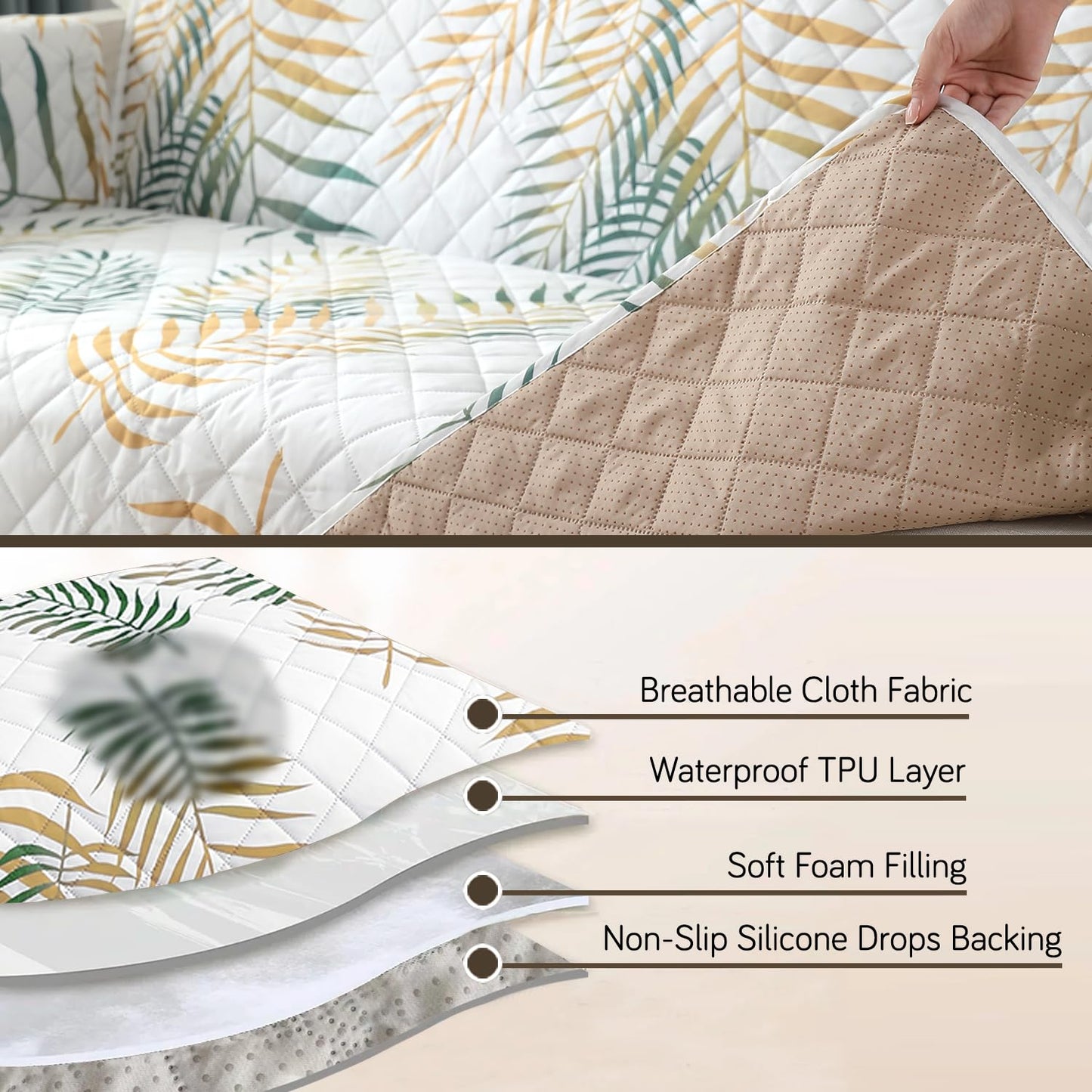 Quilted Waterproof Sofa Cover Mat with Pockets on Armrest Cover - Palm Leaves Forest Green