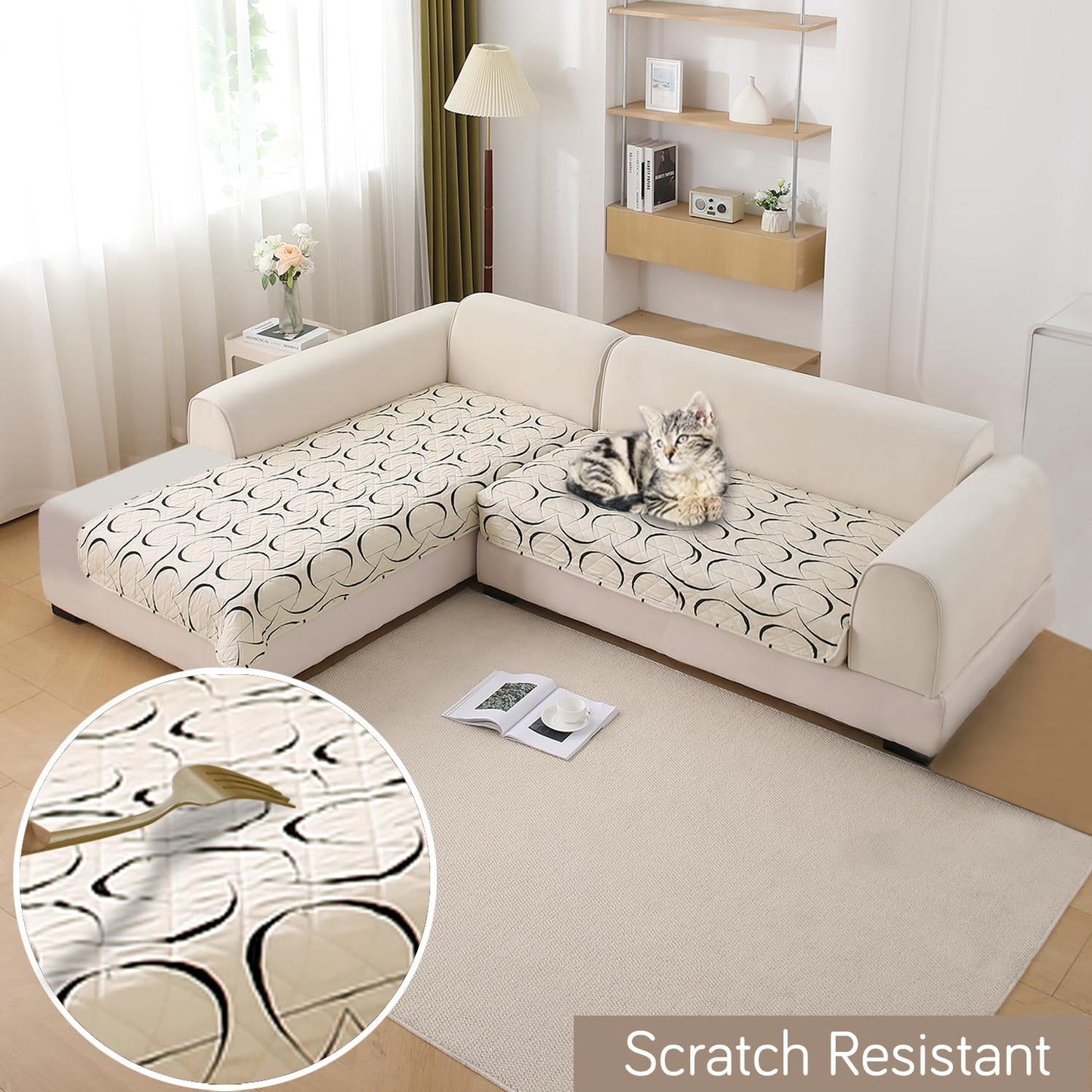 HOKIPO Waterproof Printed Quilted Quick Dry L Shape Sofa Seat Cover Mat, Natural Beige Abstract Art