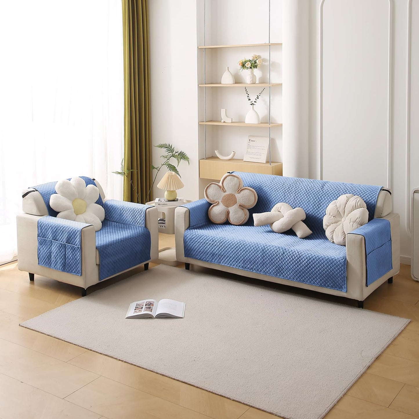 Quilted Velvet Sofa Cover Mat with Side Pockets, Pet Friendly, Placid Blue