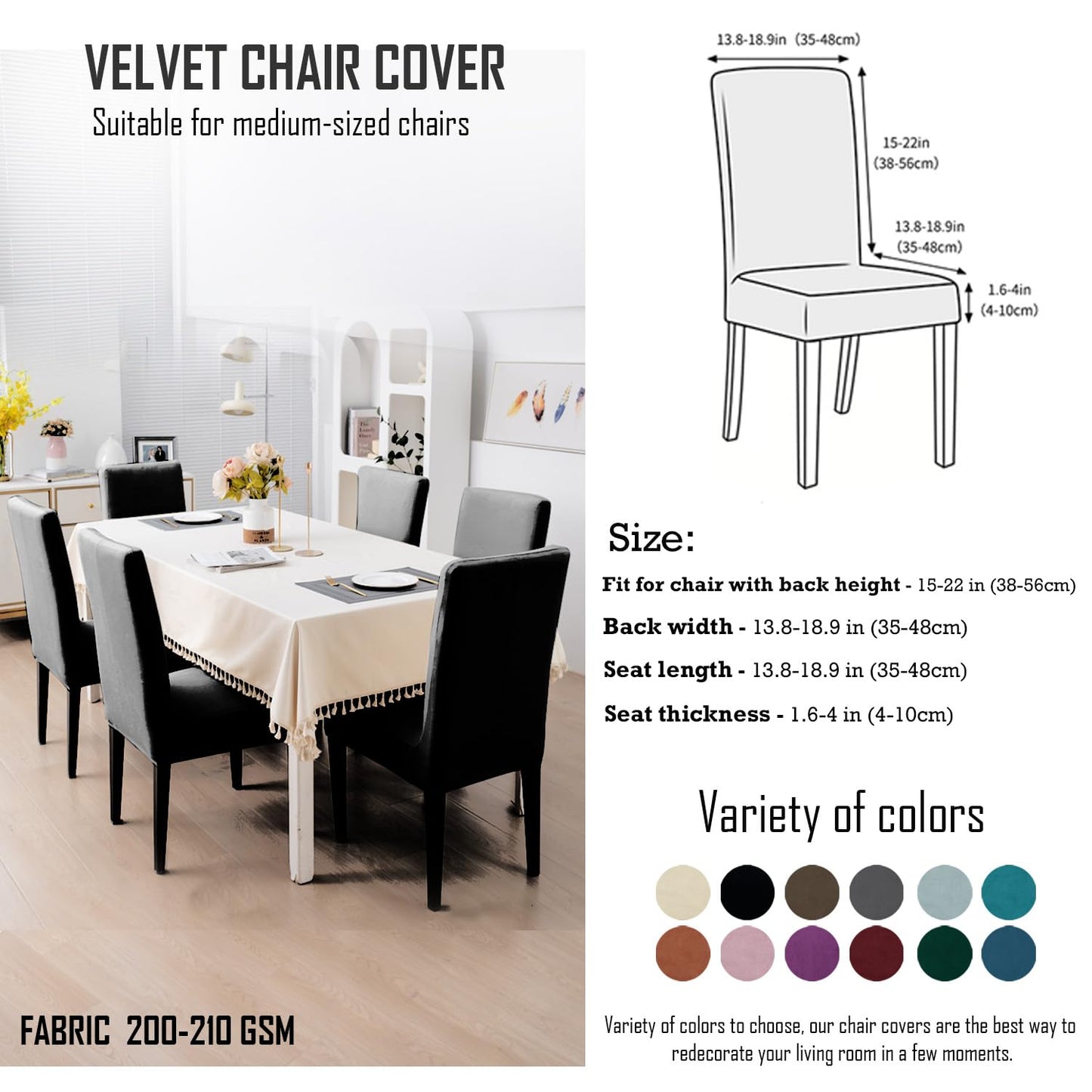 Elastic Stretchable Premium Velvet Dining Chair Cover, Black
