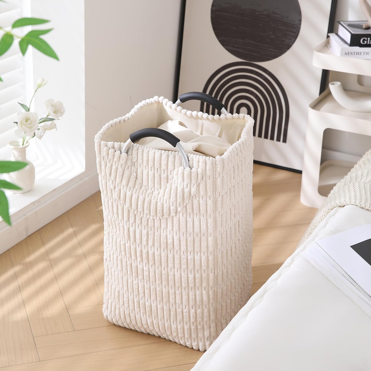 Folding Laundry Bag for Clothes Hamper Basket, Collapsible Storage Basket, Cream