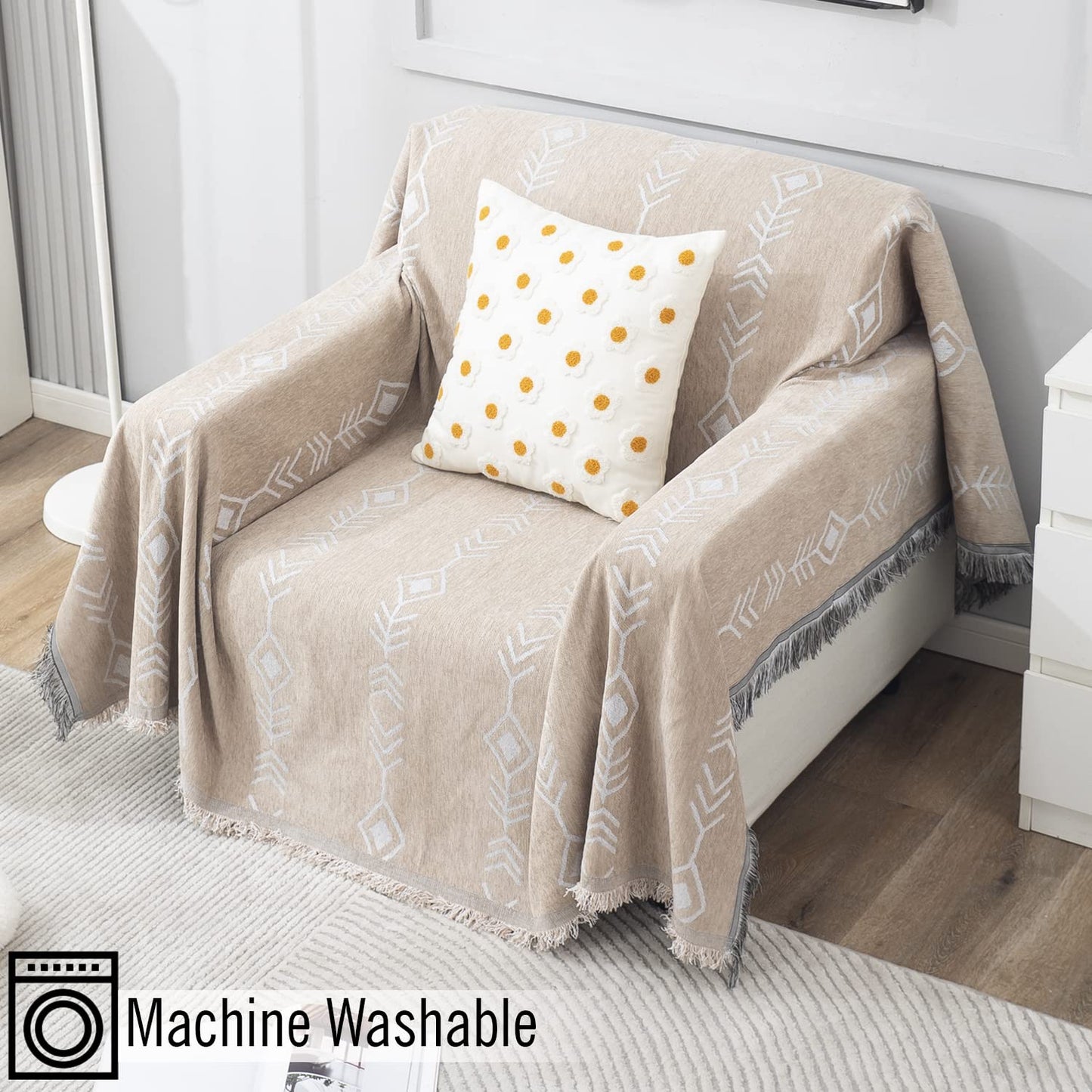 Beige Aztec, Thick, Soft and Pet Friendly Chenille Sofa Cover Throw