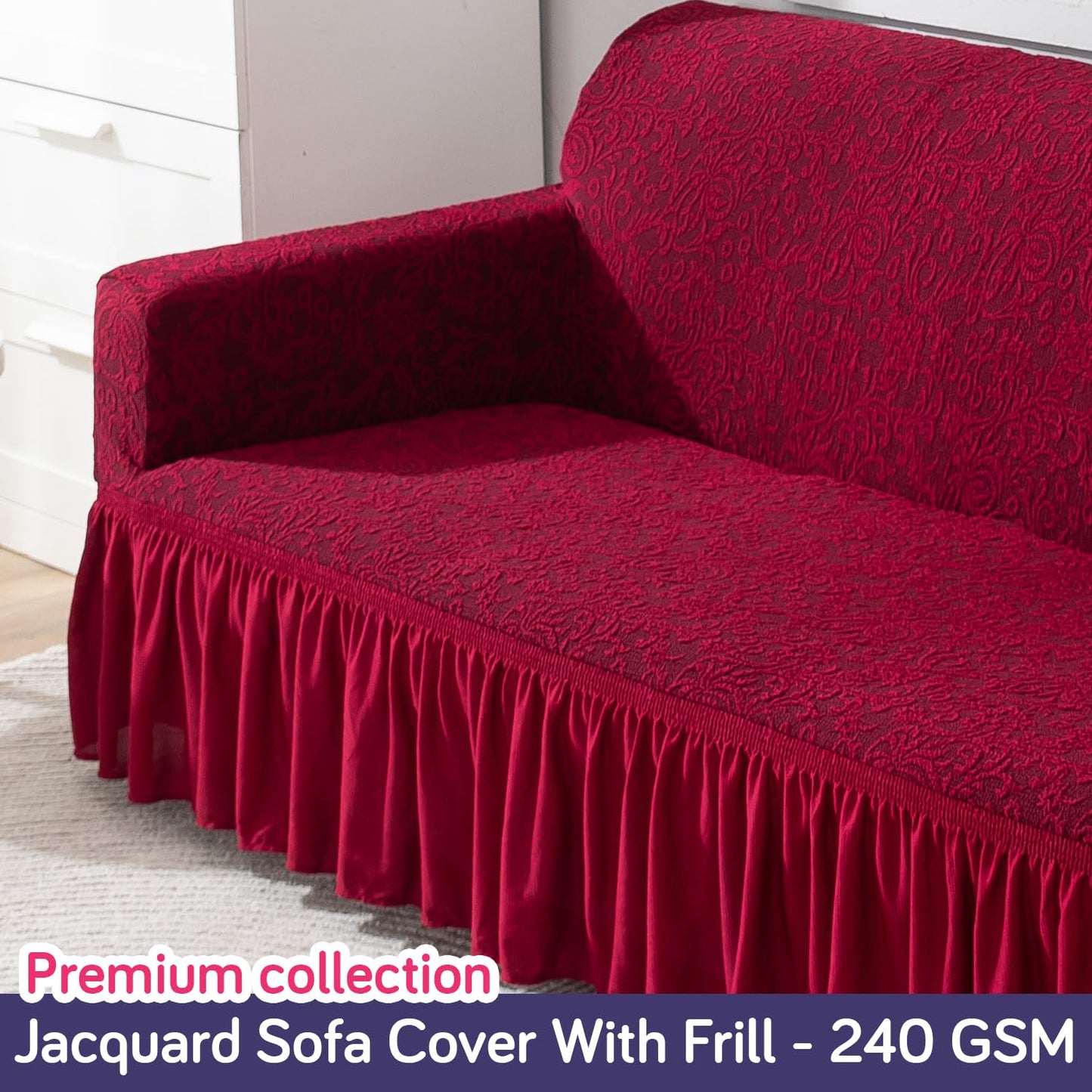 Elastic Stretchable Designer Woven Jacquard Sofa Cover with Frill, Wine Red