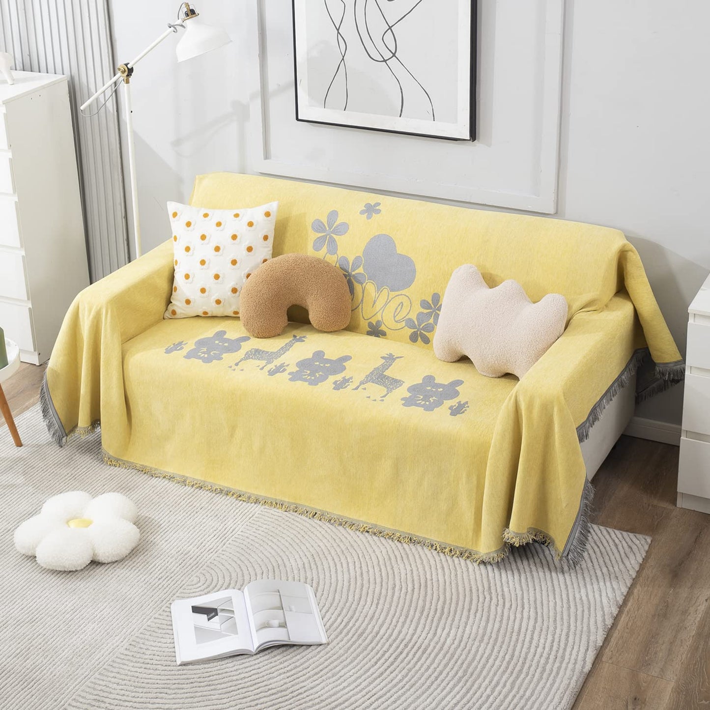 Yellow Nature Chenille Sofa Throw Blanket | 1/2/3 Seater Couch Throw