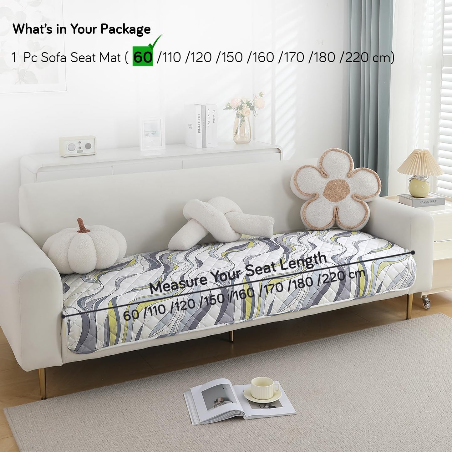 Quilted, Waterproof and Anti-Slip Sofa Cover Mat, Curved Lines Pearl White