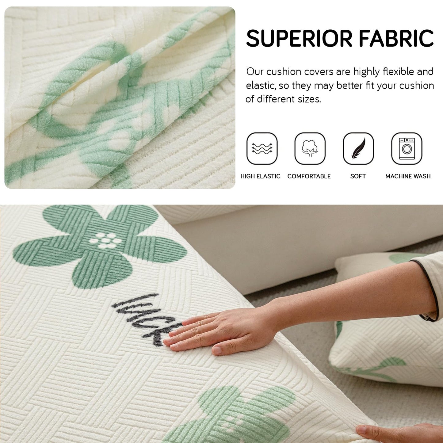 Stretchable Thick Fleece Textured Seat Couch Cushion Cover for 1/2/3 Seater, Celadon Green