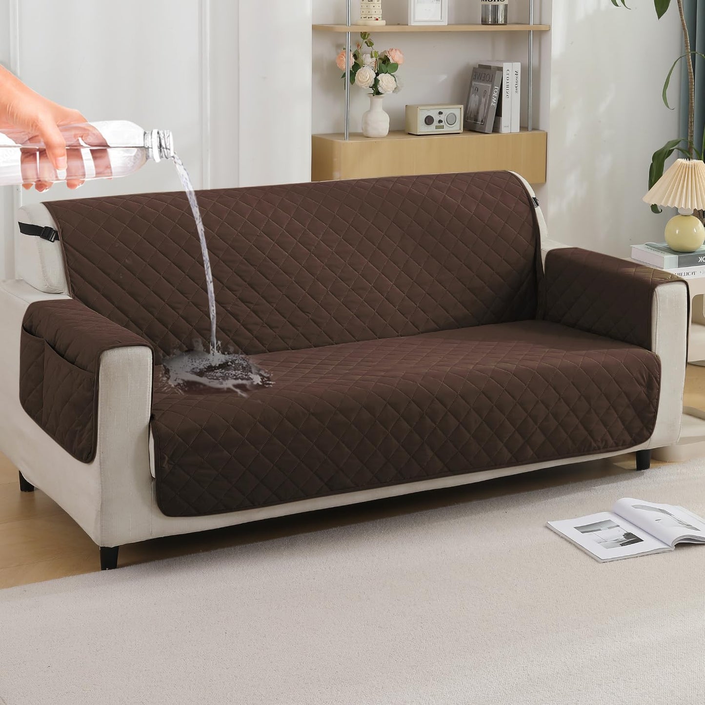 Quilted Waterproof Sofa Cover Mat with Pockets on Armrest Cover - Brown