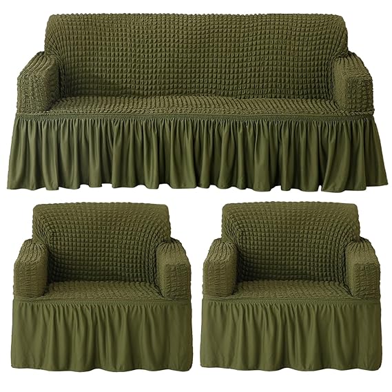 Forest Green Elastic Turkish Bubble Frill sofa cover for 3+1+1 seater sofa set