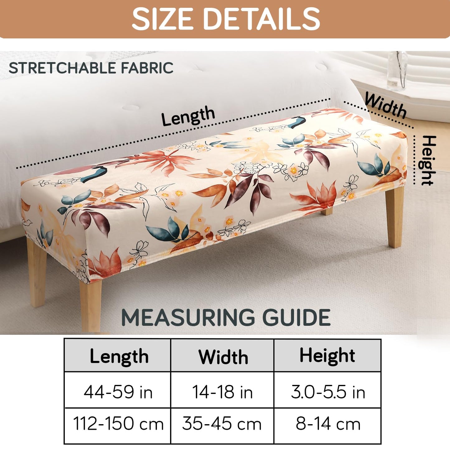Premium Printed Velvet Elastic Dining Bench Cover, Amber Serene Flora