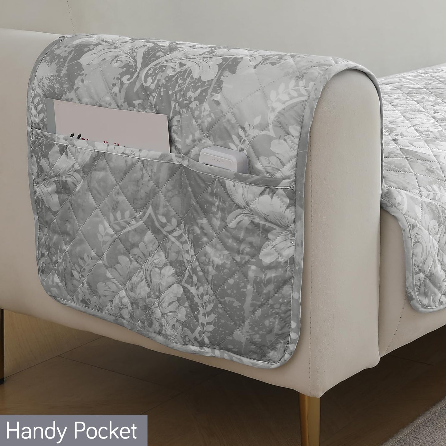 HOKIPO Quilted Waterproof Sofa Seat Mat with 2 Armrest Covers with Pockets, Motifs Cloud Grey