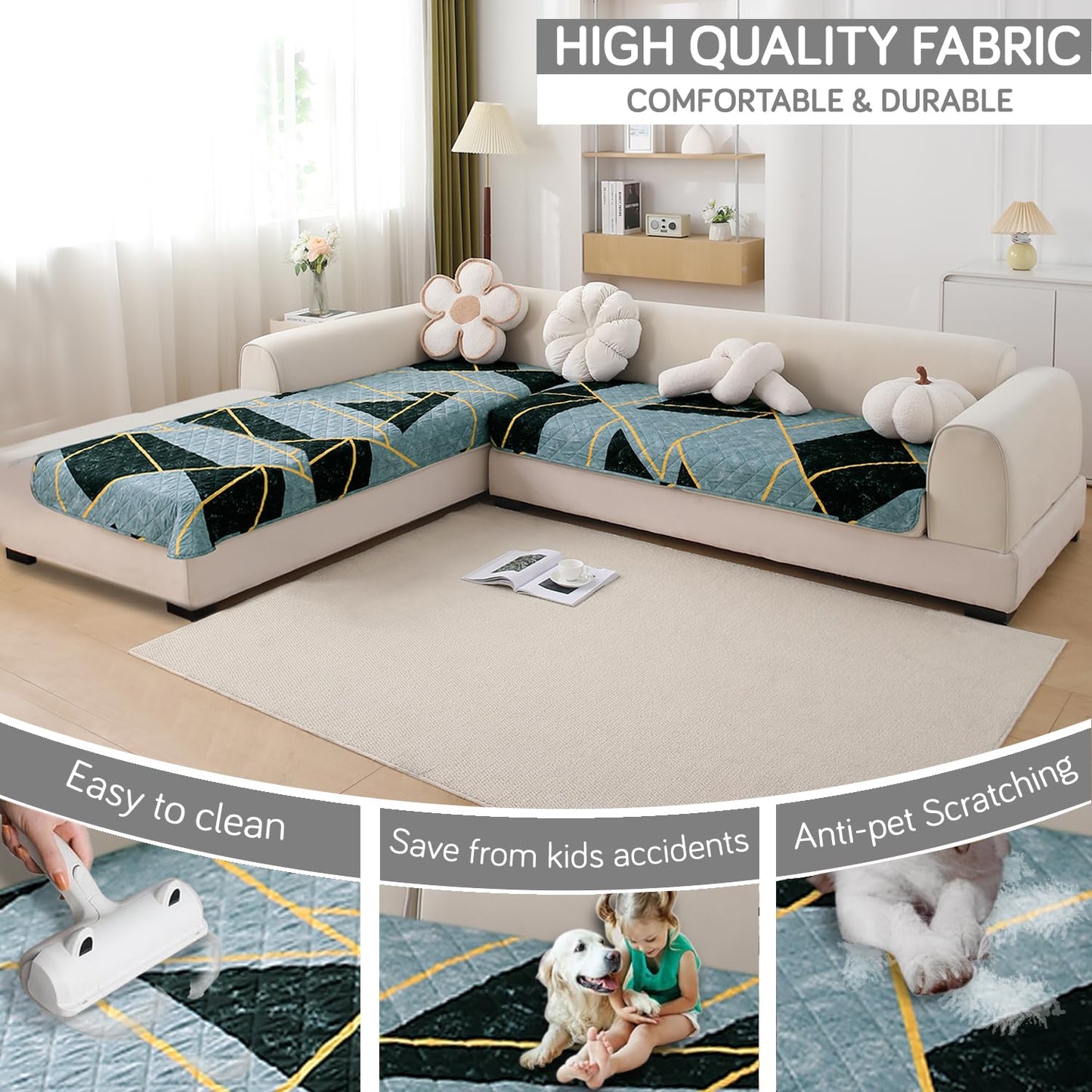 Waterproof Printed Quilted Quick Dry L Shape Sofa Seat Cover Mat, Multicolor Abstract Geometry