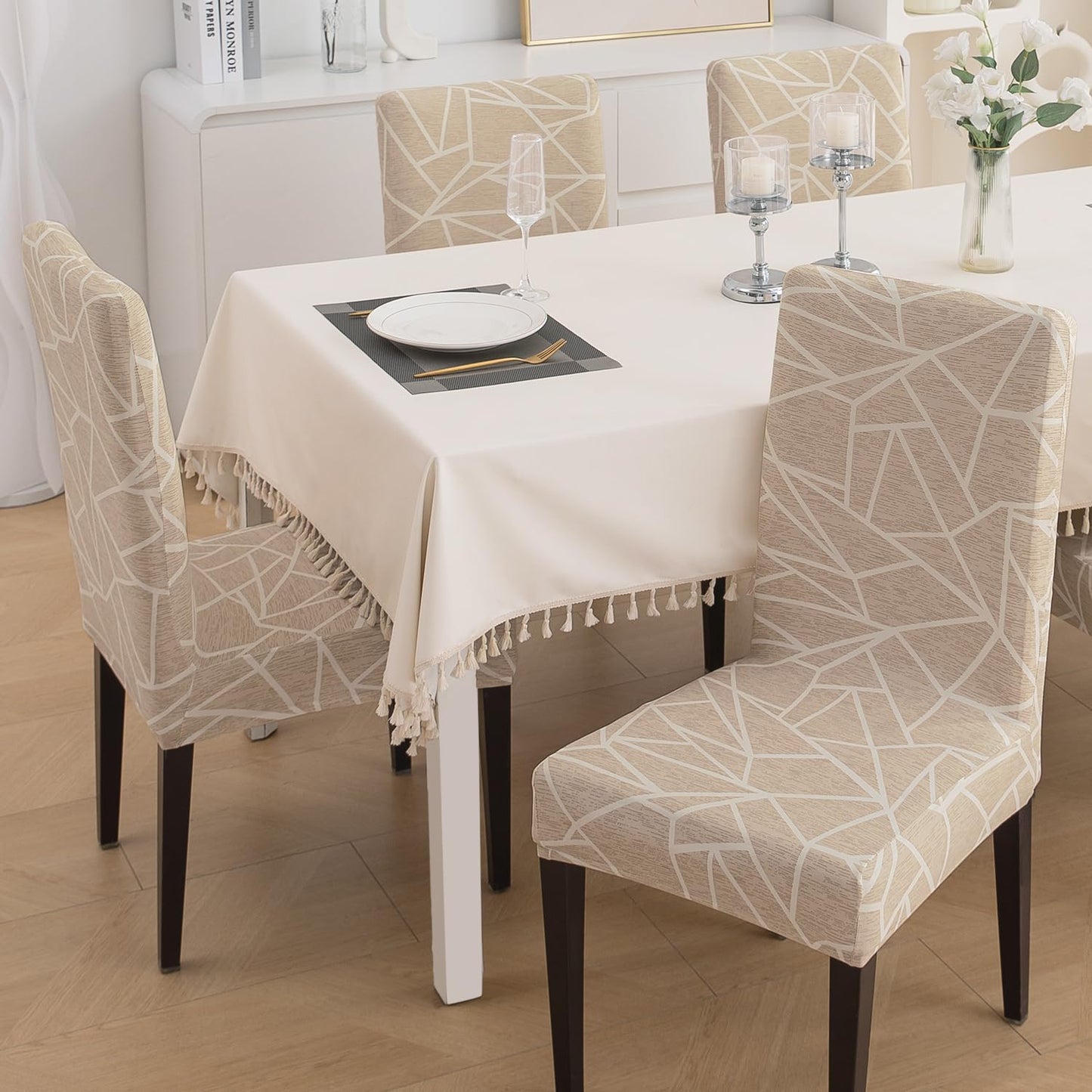 Beige Abstract Geometry Print elastic dining chair covers
