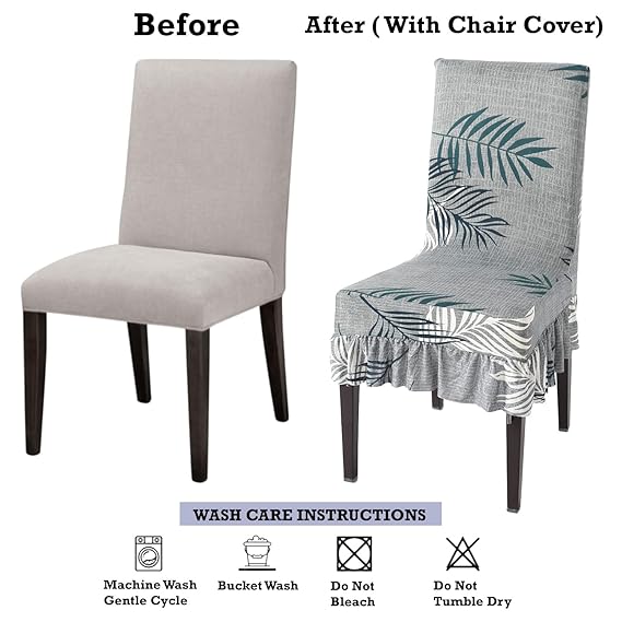 Elastic Stretchable Dining Chair Cover with Frill, Grey Leaves