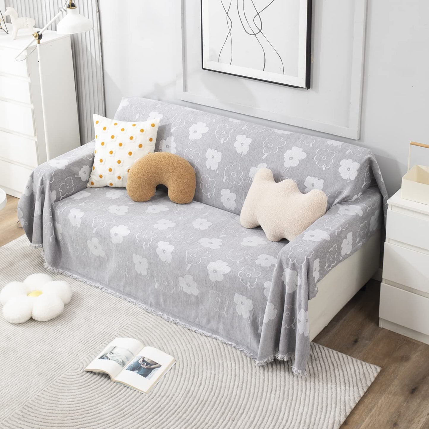 Grey Floral Chenille Sofa Throw | Thick & Soft for 1/2/3 Seater