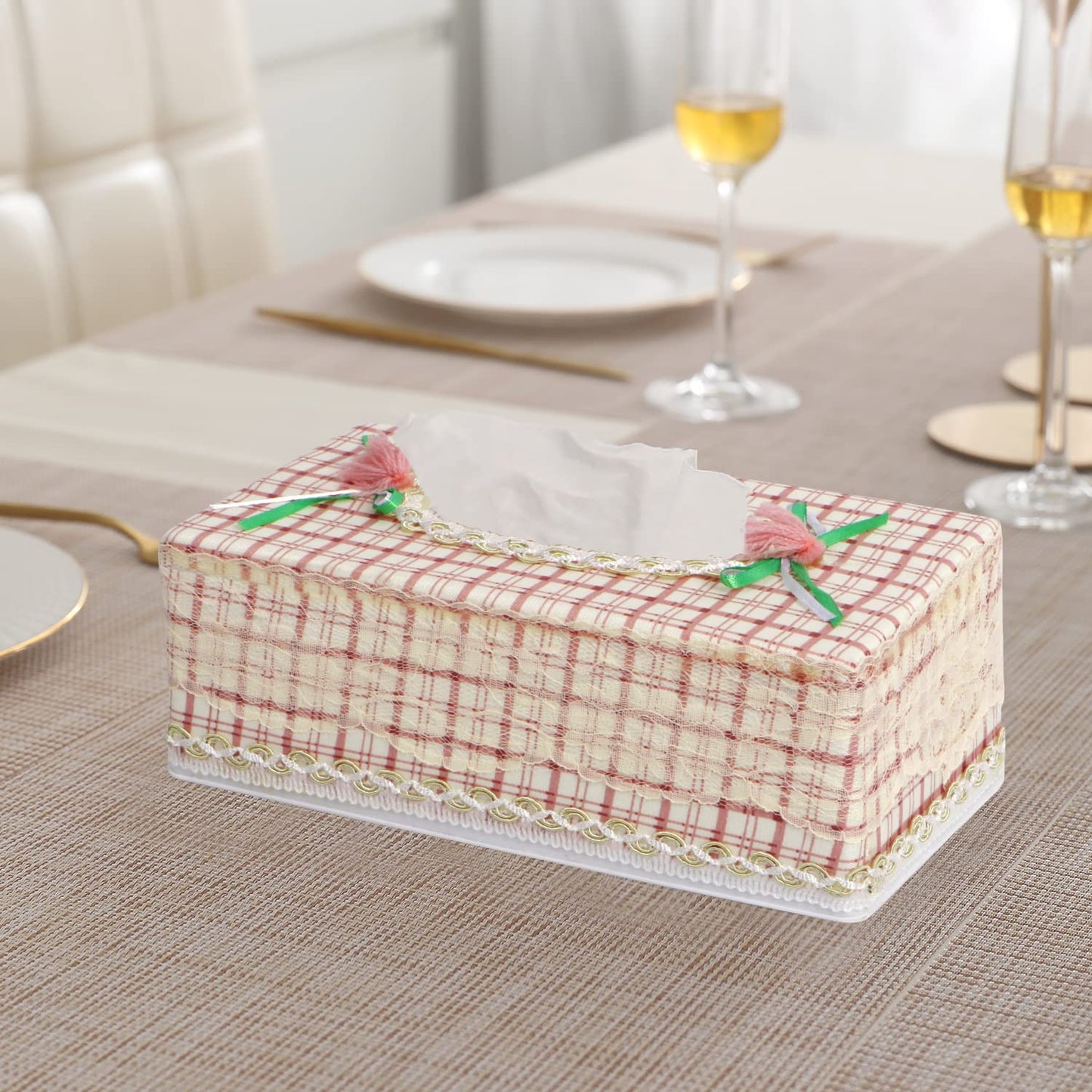 Plastic Tissue Paper Holder, Checkered Beige