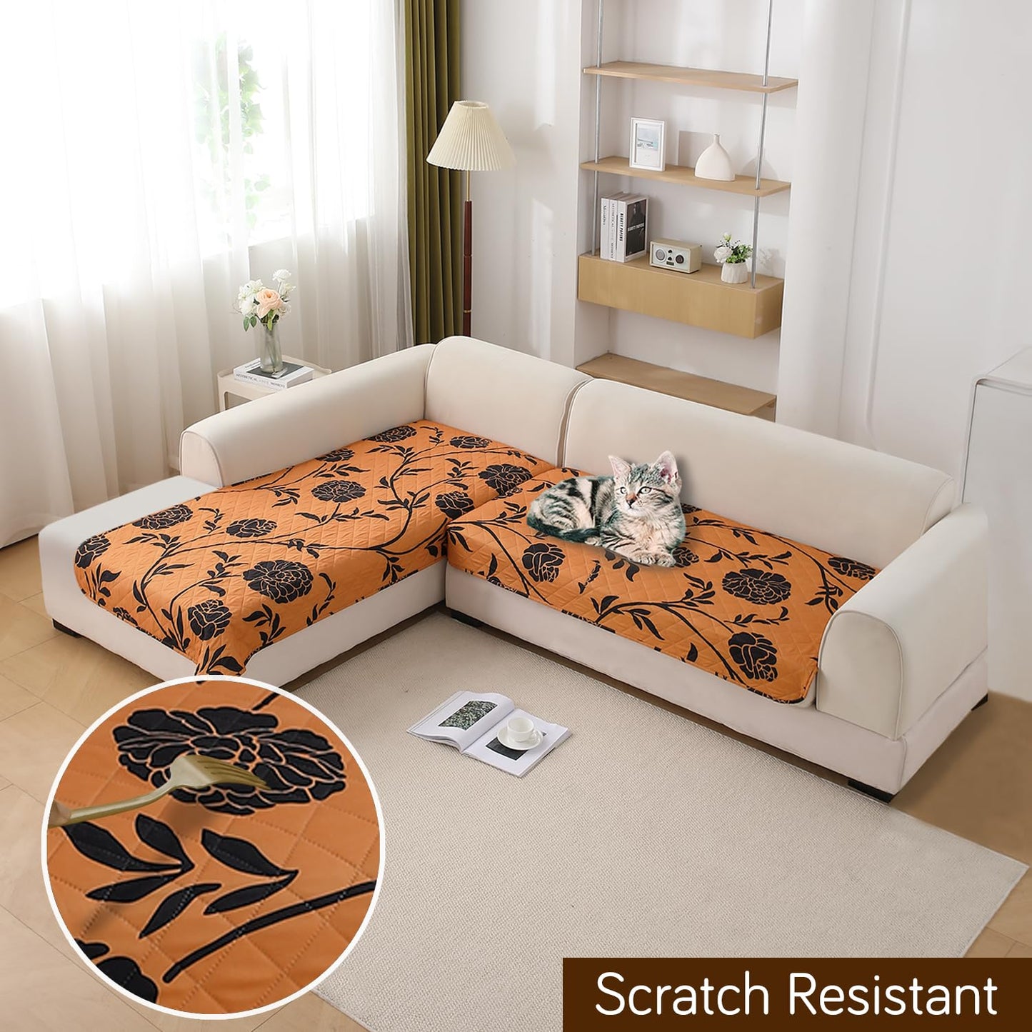 Waterproof Printed Quilted Quick Dry L Shape Sofa Seat Cover Mat, Copper Brown Floral