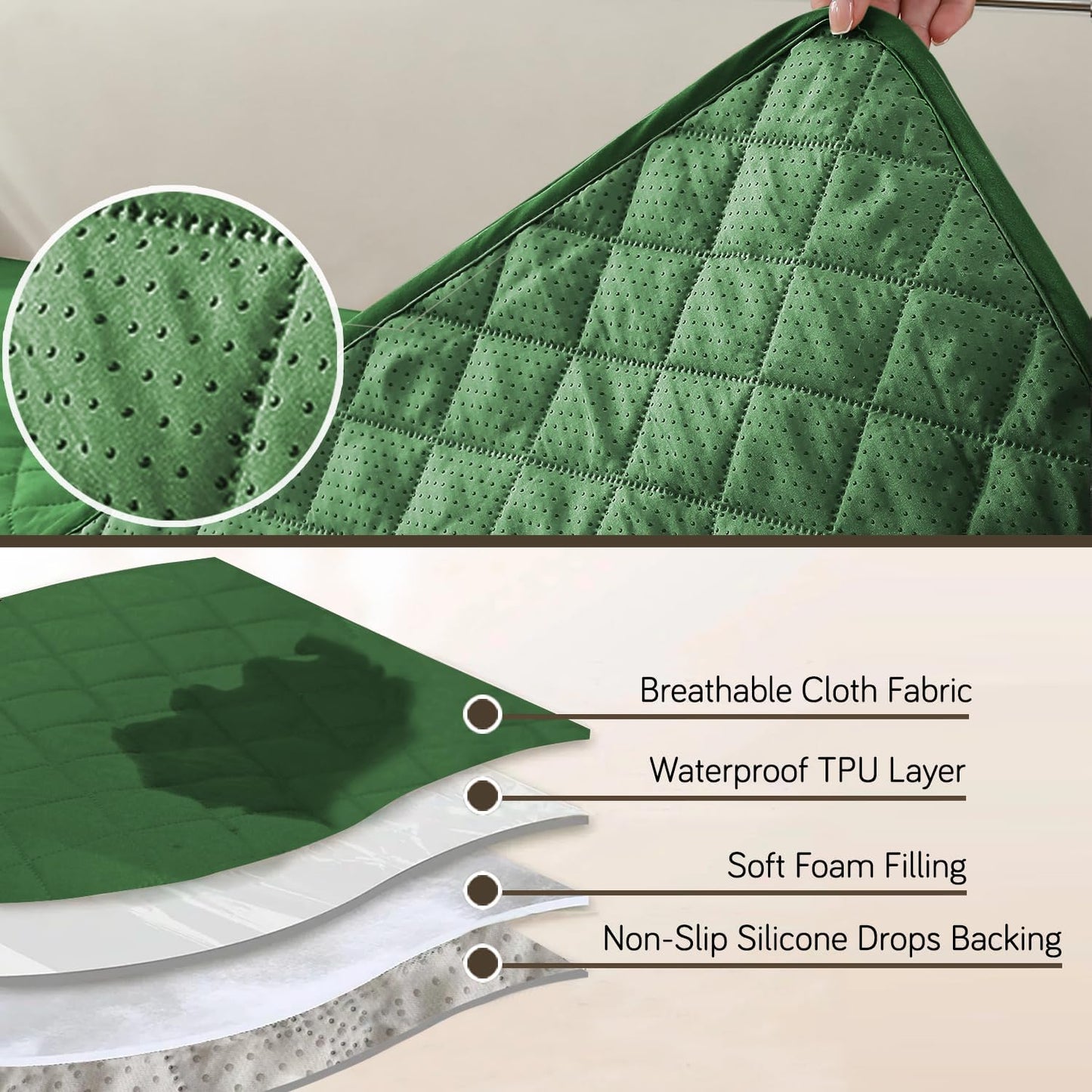 HOKIPO Quilted Waterproof Sofa Seat Mat for 1/2/3 Seater Sofa with 2 Armrest Covers with Pockets, Green