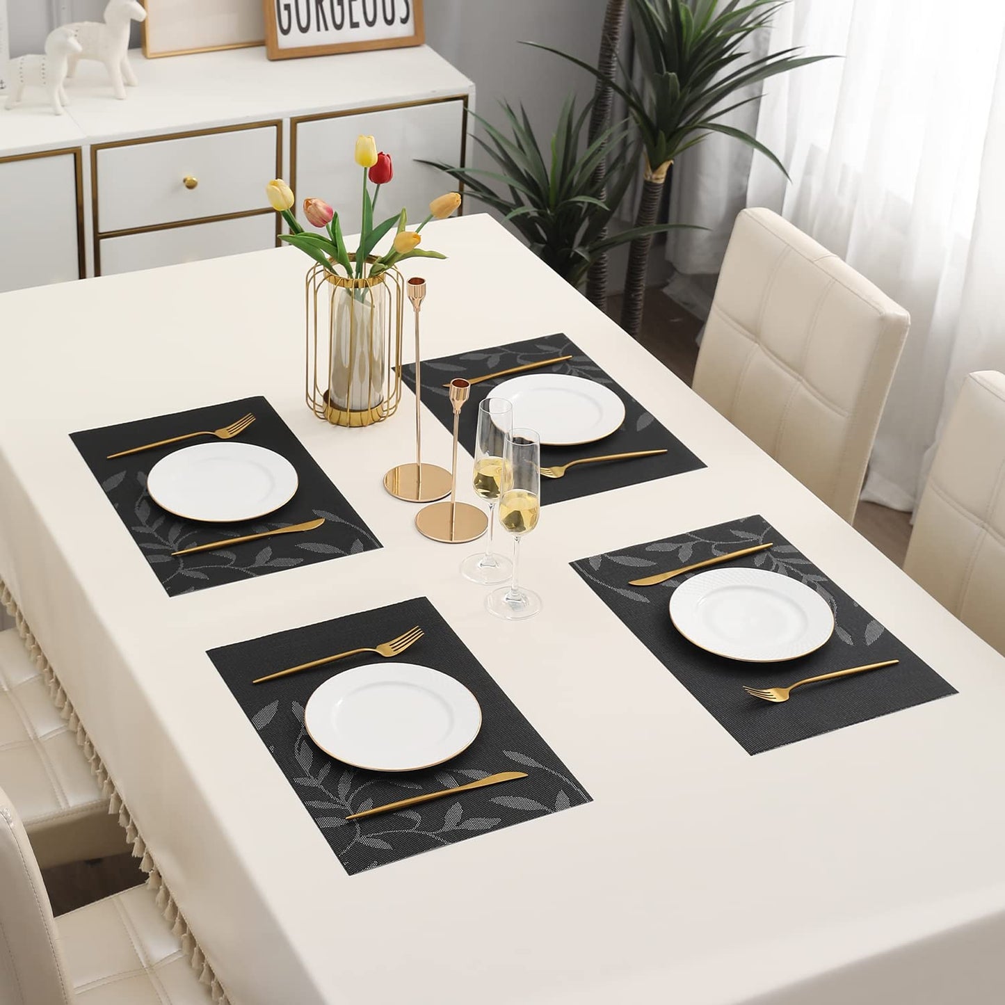 PVC Dining Table Mats, Black Leaves